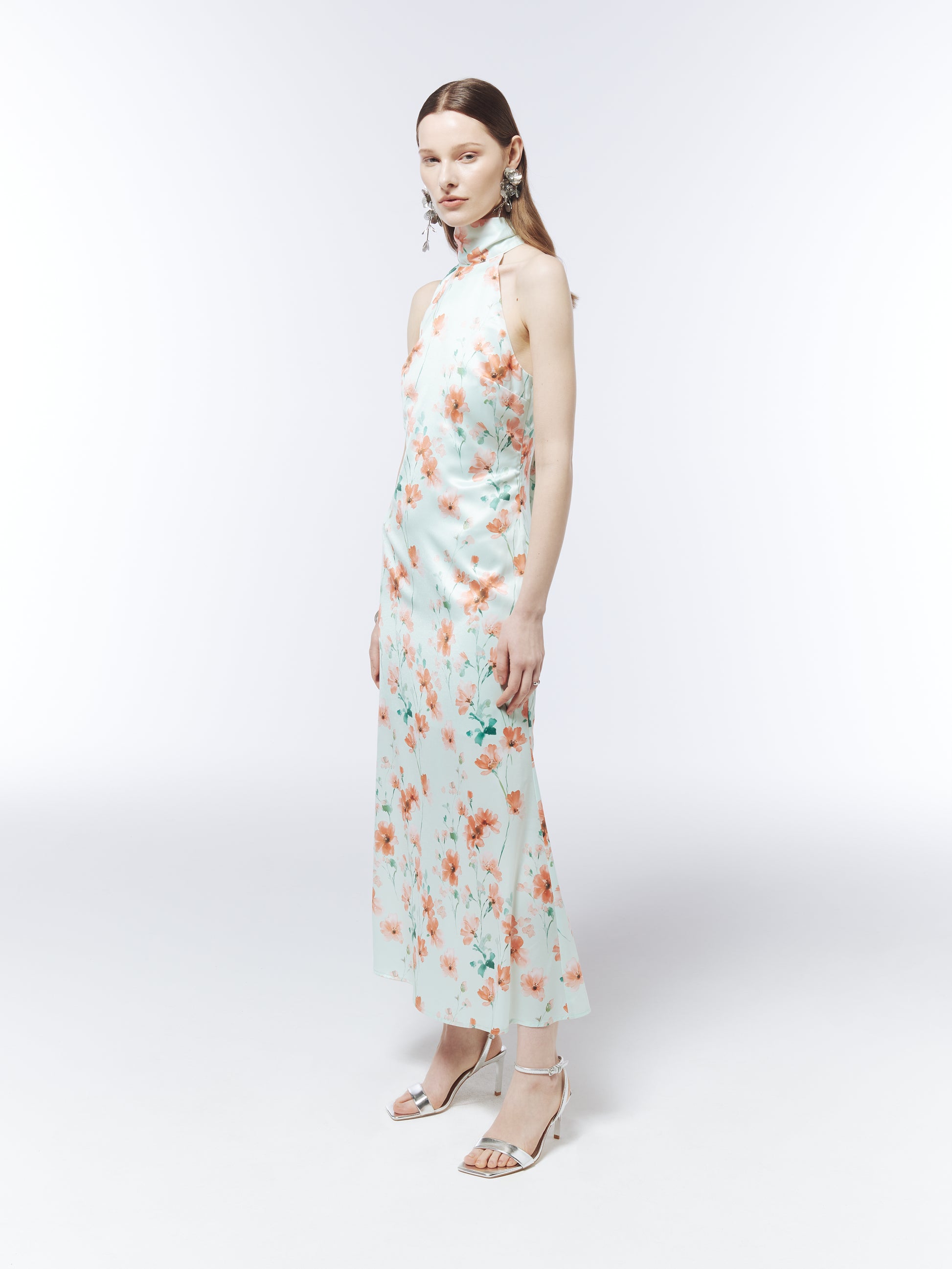 SOUR FIGS watercolour botanical maxi dress with coral flowers and green foliage