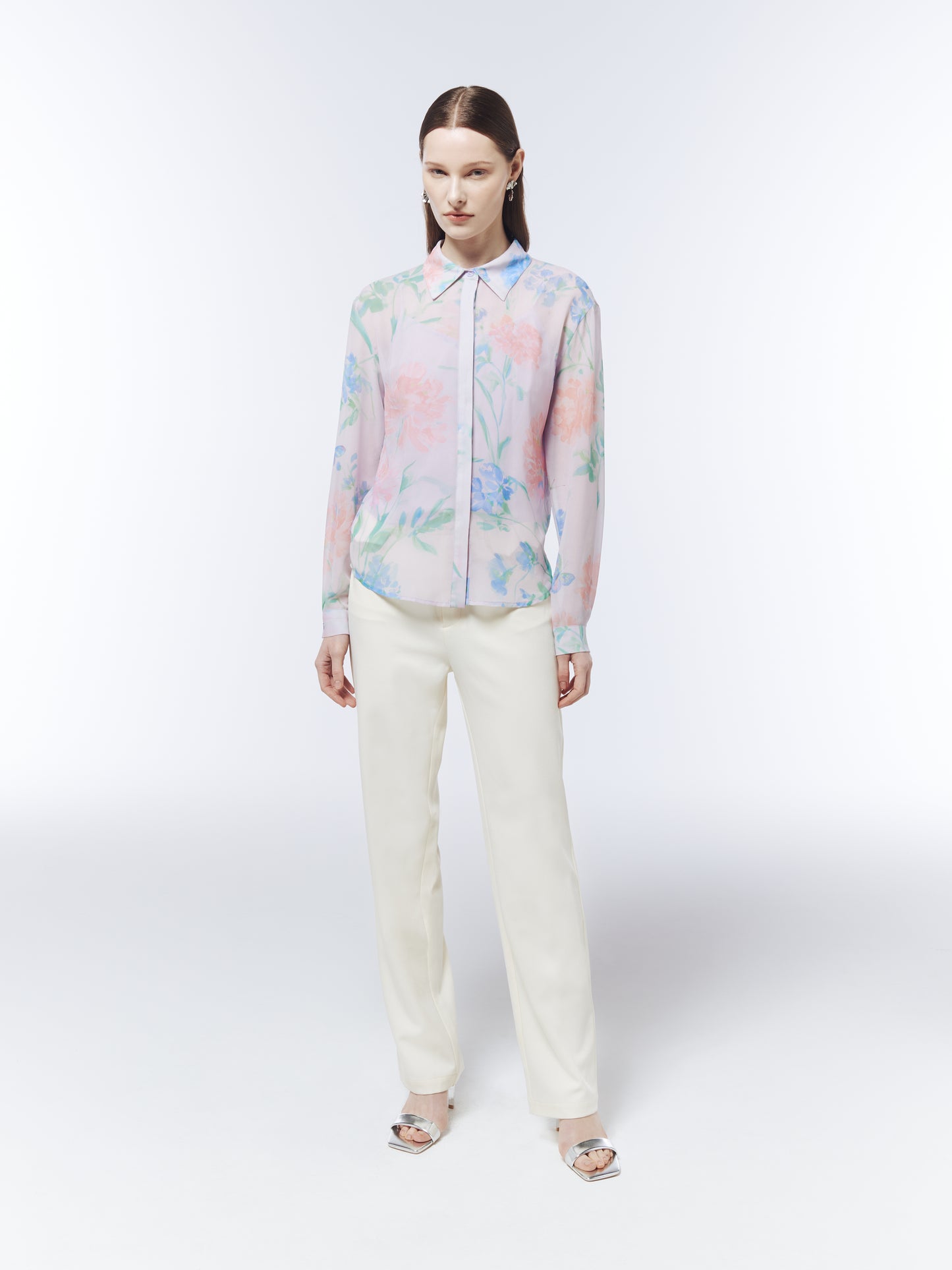 SOUR FIGS floral blouse with pointed collar, long sleeves, concealed placket and matching lilac slip top.