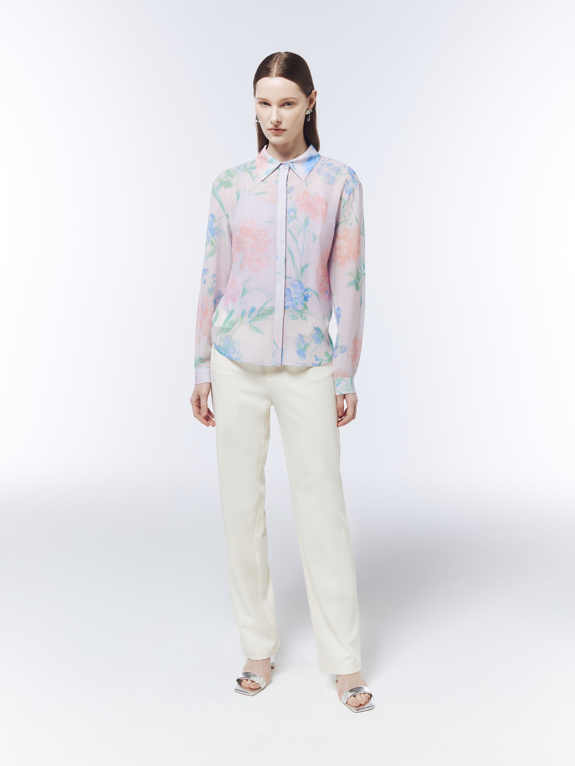 SOUR FIGS floral blouse with pointed collar, long sleeves, concealed placket and matching lilac slip top.