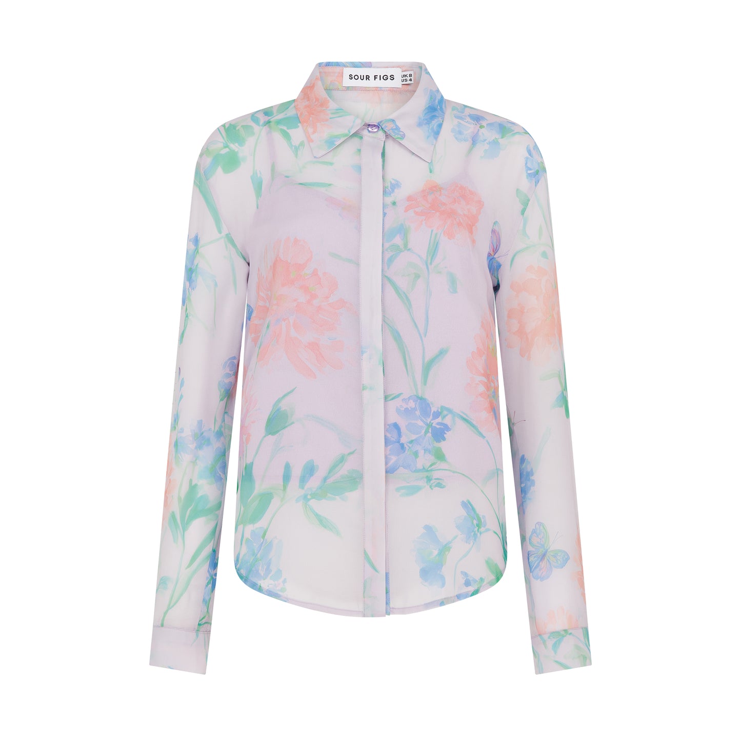 SOUR FIGS romantic printed blouse with slip top, curved hemline, buttoned cuffs and pastel wildflower artwork.