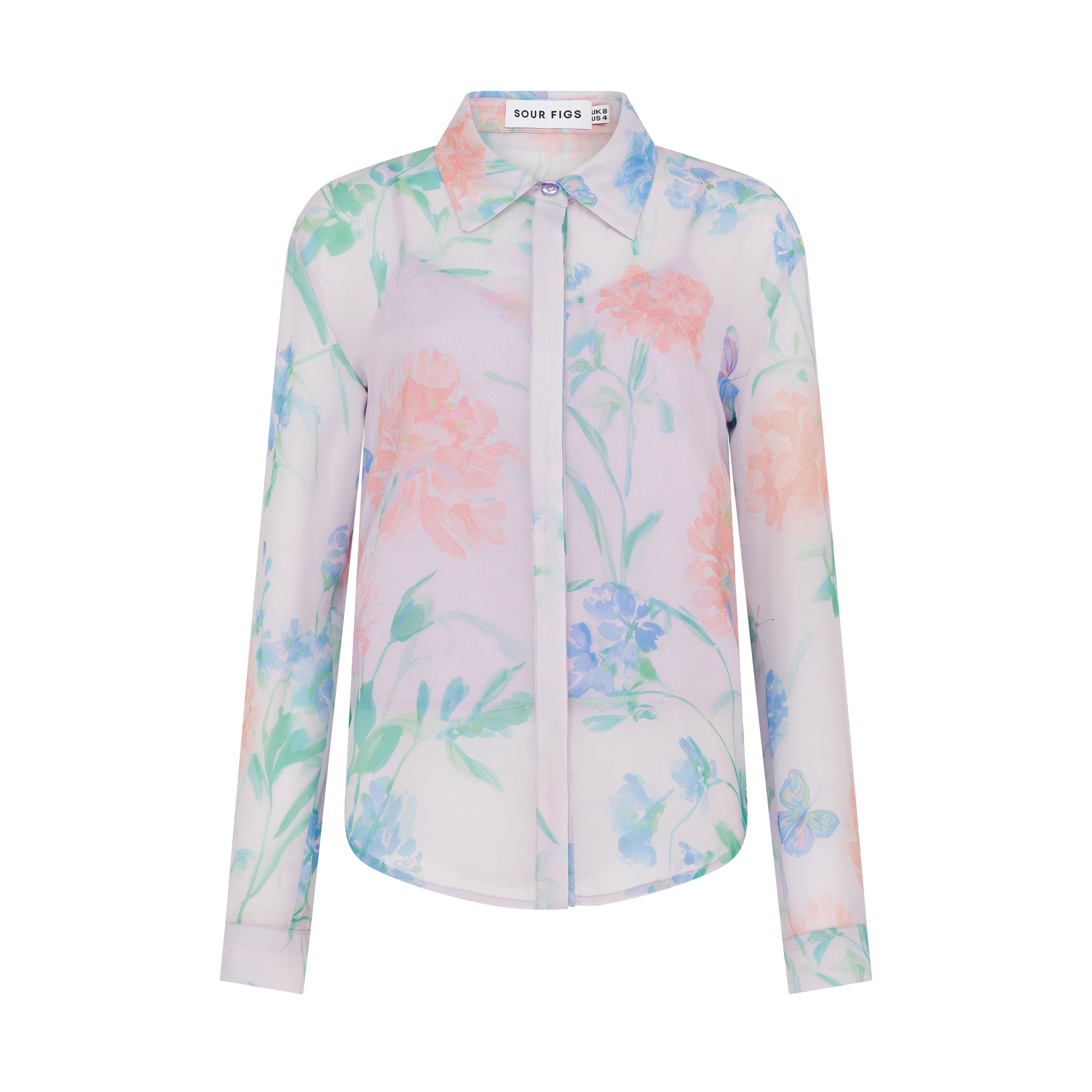 SOUR FIGS romantic printed blouse with slip top, curved hemline, buttoned cuffs and pastel wildflower artwork.