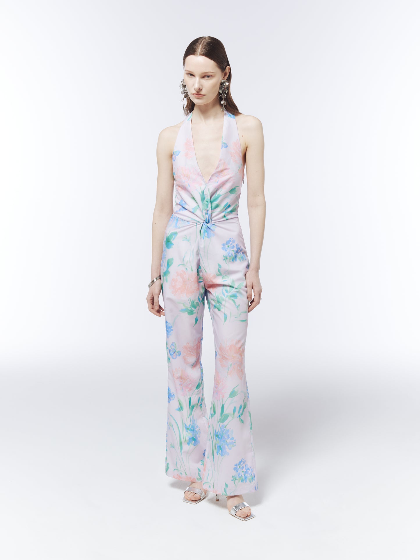 SOUR FIGS Watercolour Wildflower Halterneck Jumpsuit in Petal Mist Lilac with wide-leg trousers and open back.