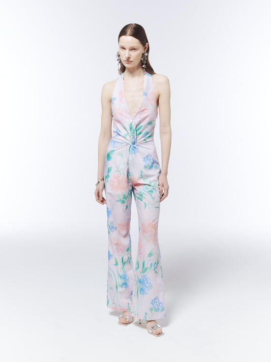 SOUR FIGS Watercolour Wildflower Halterneck Jumpsuit in Petal Mist Lilac with wide-leg trousers and open back.