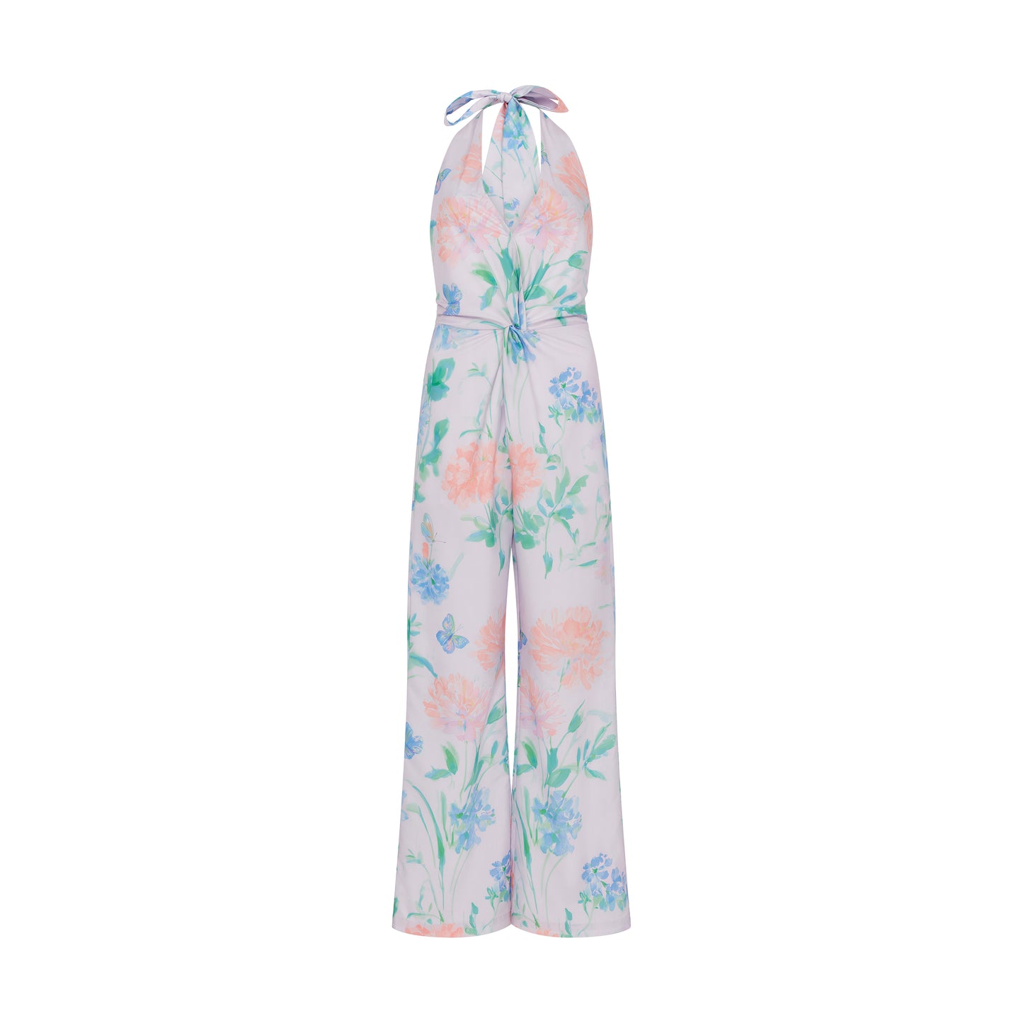 SOUR FIGS wedding guest jumpsuit in lilac floral print with deep V neckline and elegant wide-leg cut.