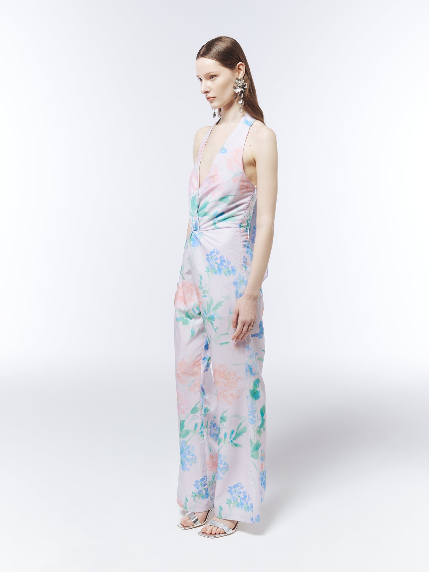 SOUR FIGS wide-leg occasion jumpsuit in Petal Mist Lilac with watercolour wildflowers and soft botanical motifs.