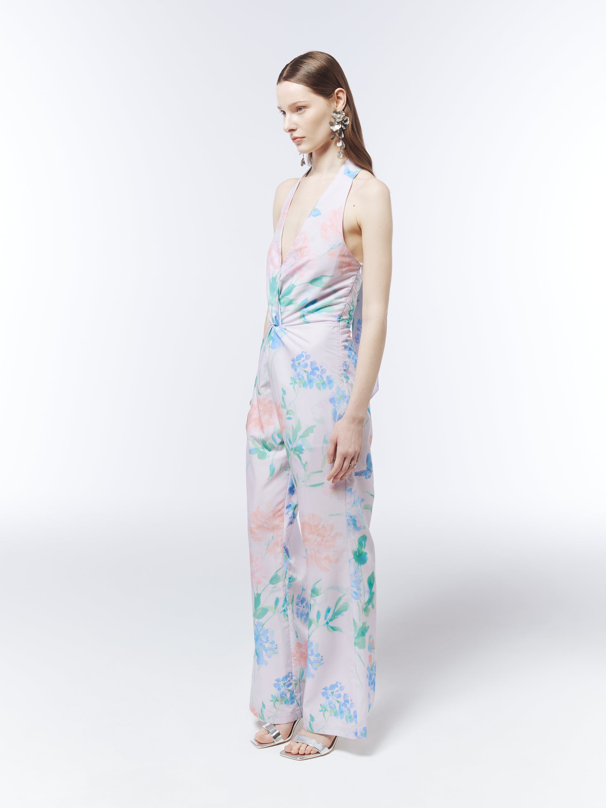 SOUR FIGS wide-leg occasion jumpsuit in Petal Mist Lilac with watercolour wildflowers and soft botanical motifs.