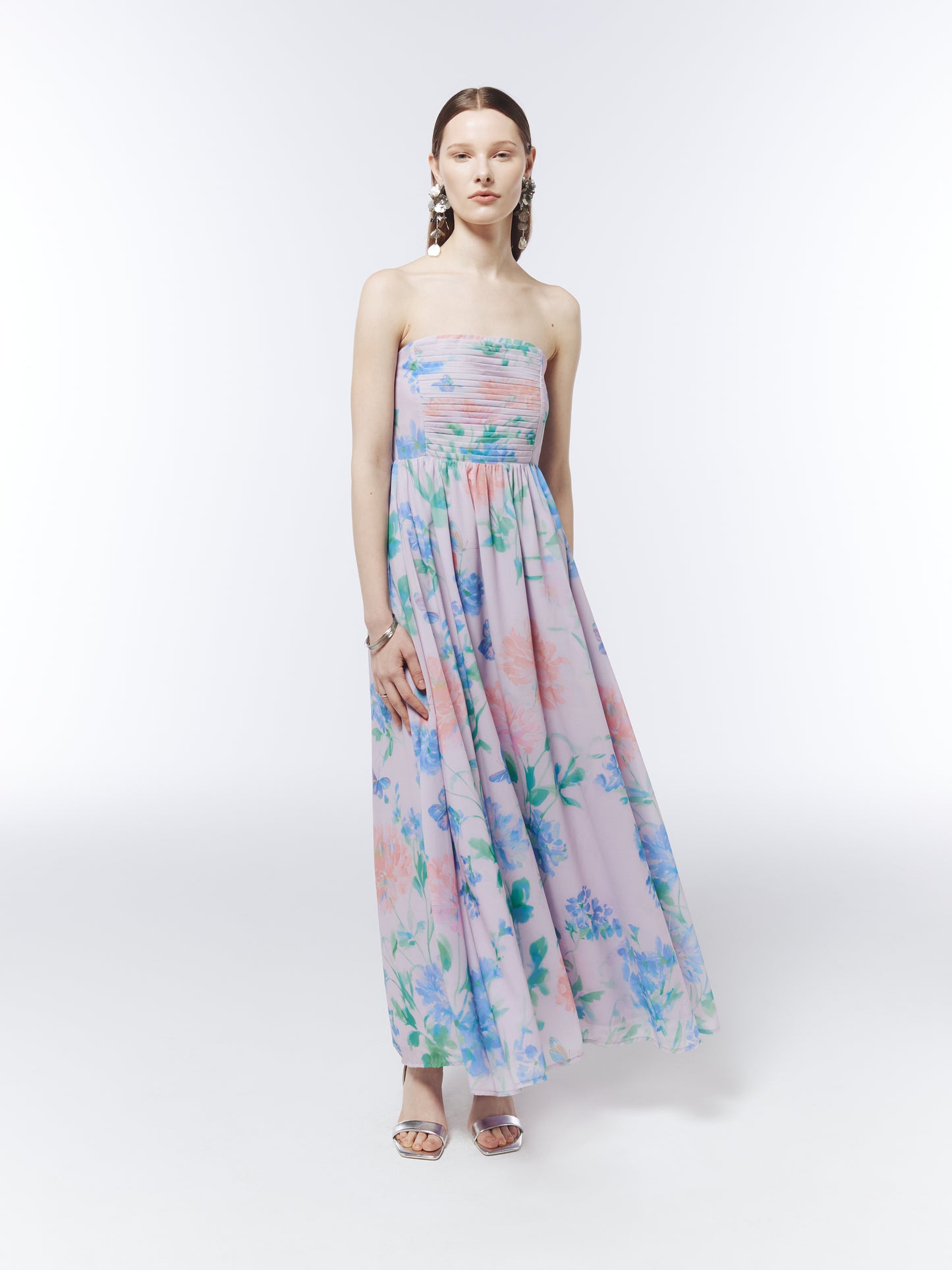 SOUR FIGS Watercolour Wildflower Strapless Maxi Dress in Petal Mist Lilac with pastel floral print and pleated bodice.