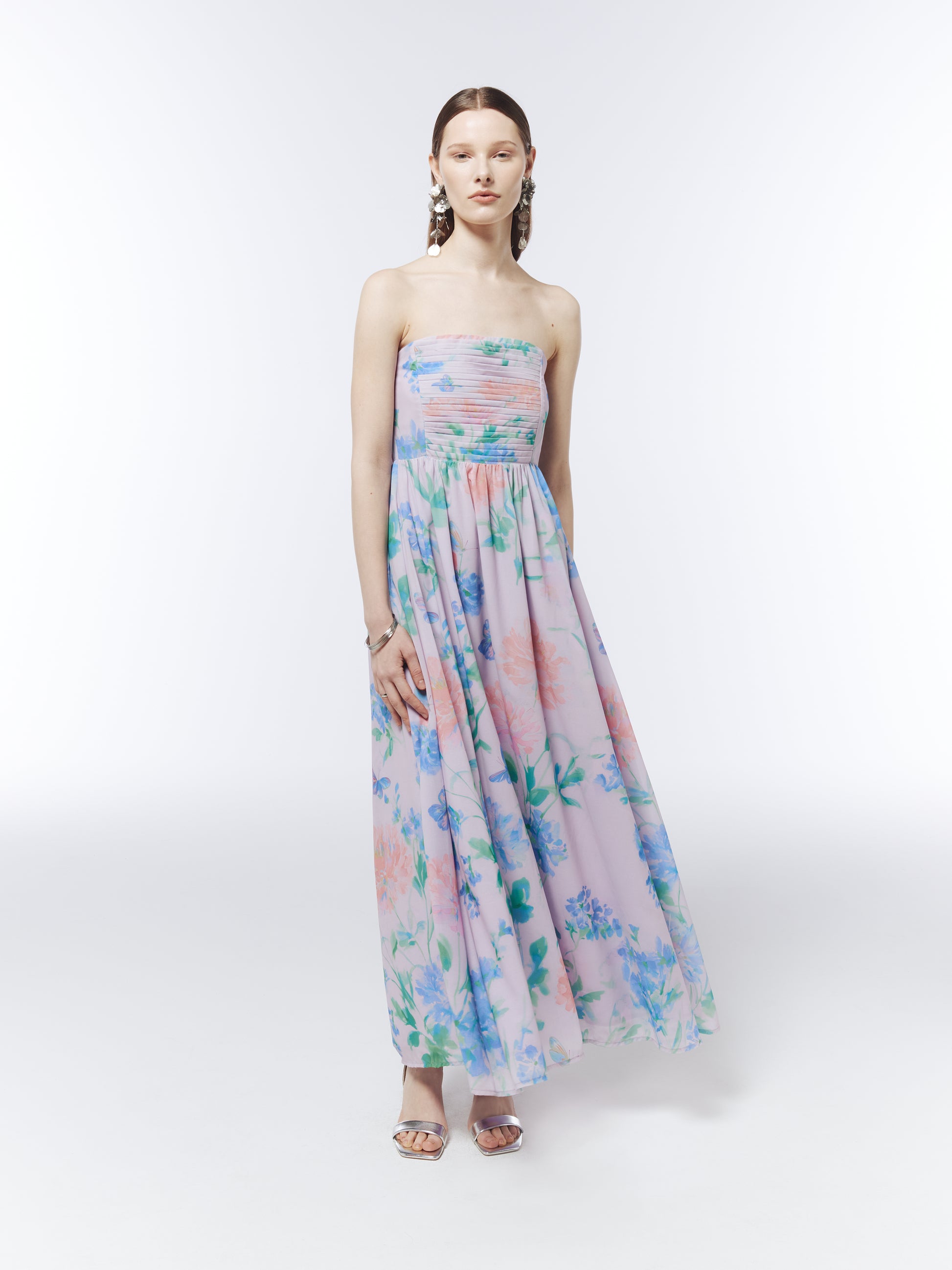 SOUR FIGS Watercolour Wildflower Strapless Maxi Dress in Petal Mist Lilac with pastel floral print and pleated bodice.