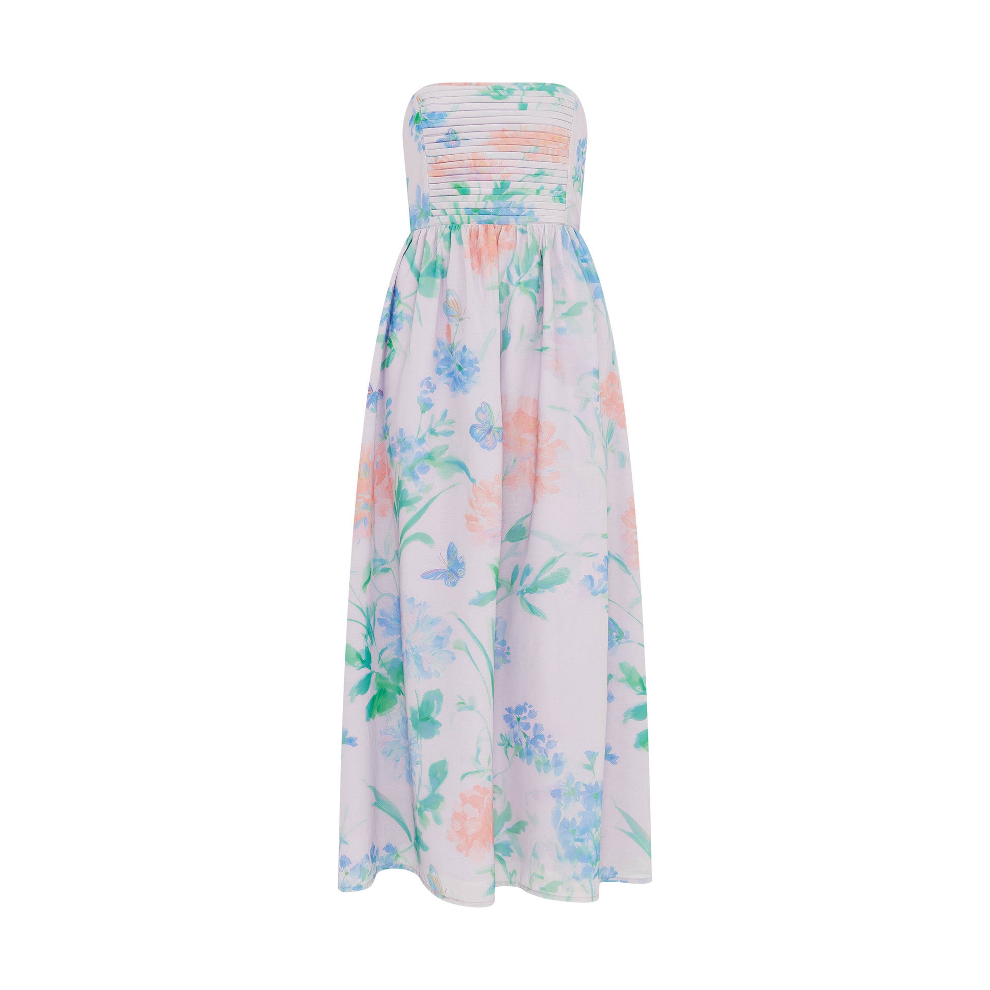 Strapless occasion dress with botanical print and full-length silhouette in Petal Mist Lilac.