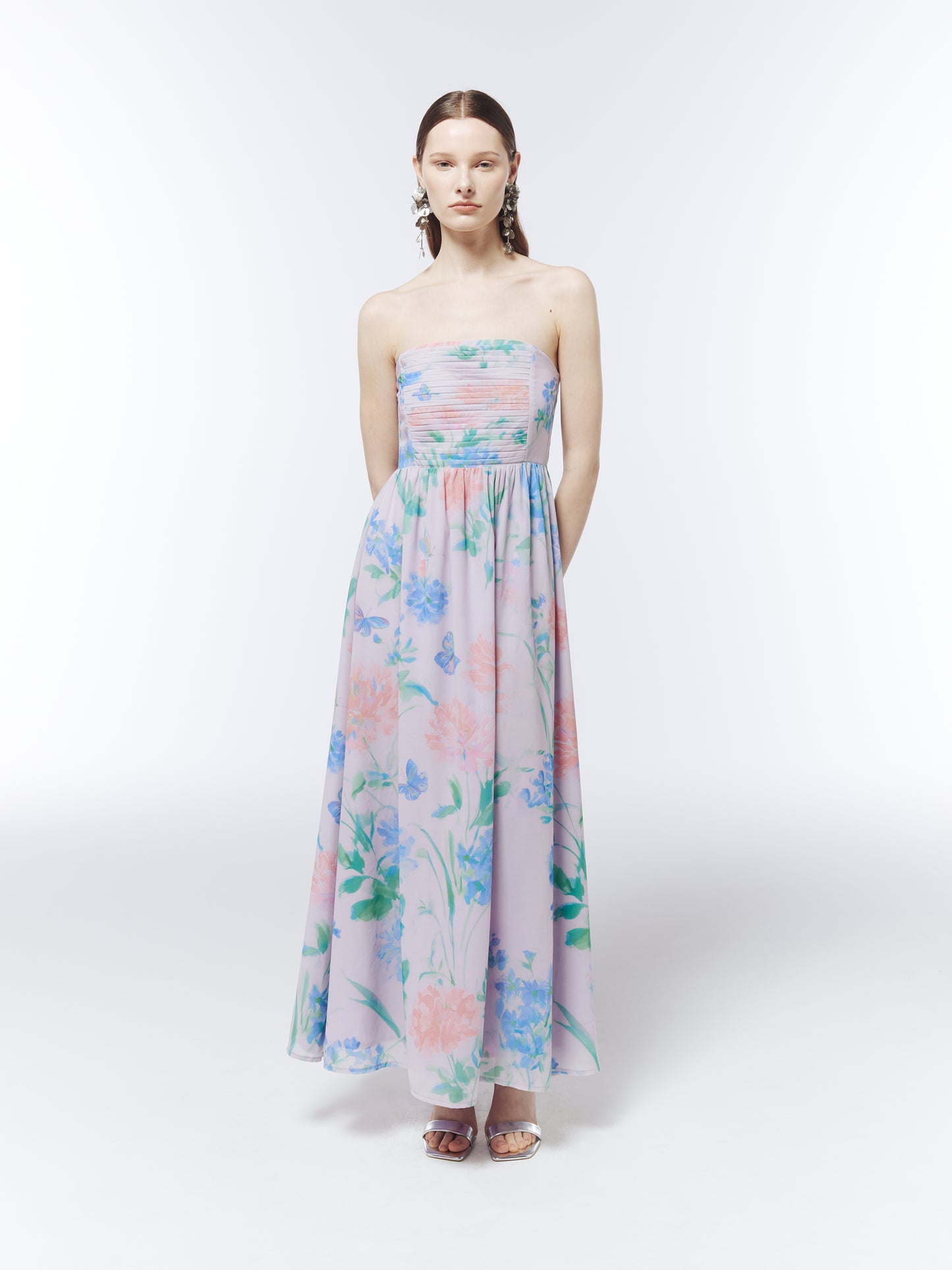 Floral strapless maxi dress in soft lilac featuring watercolour wildflowers and butterflies by SOUR FIGS.