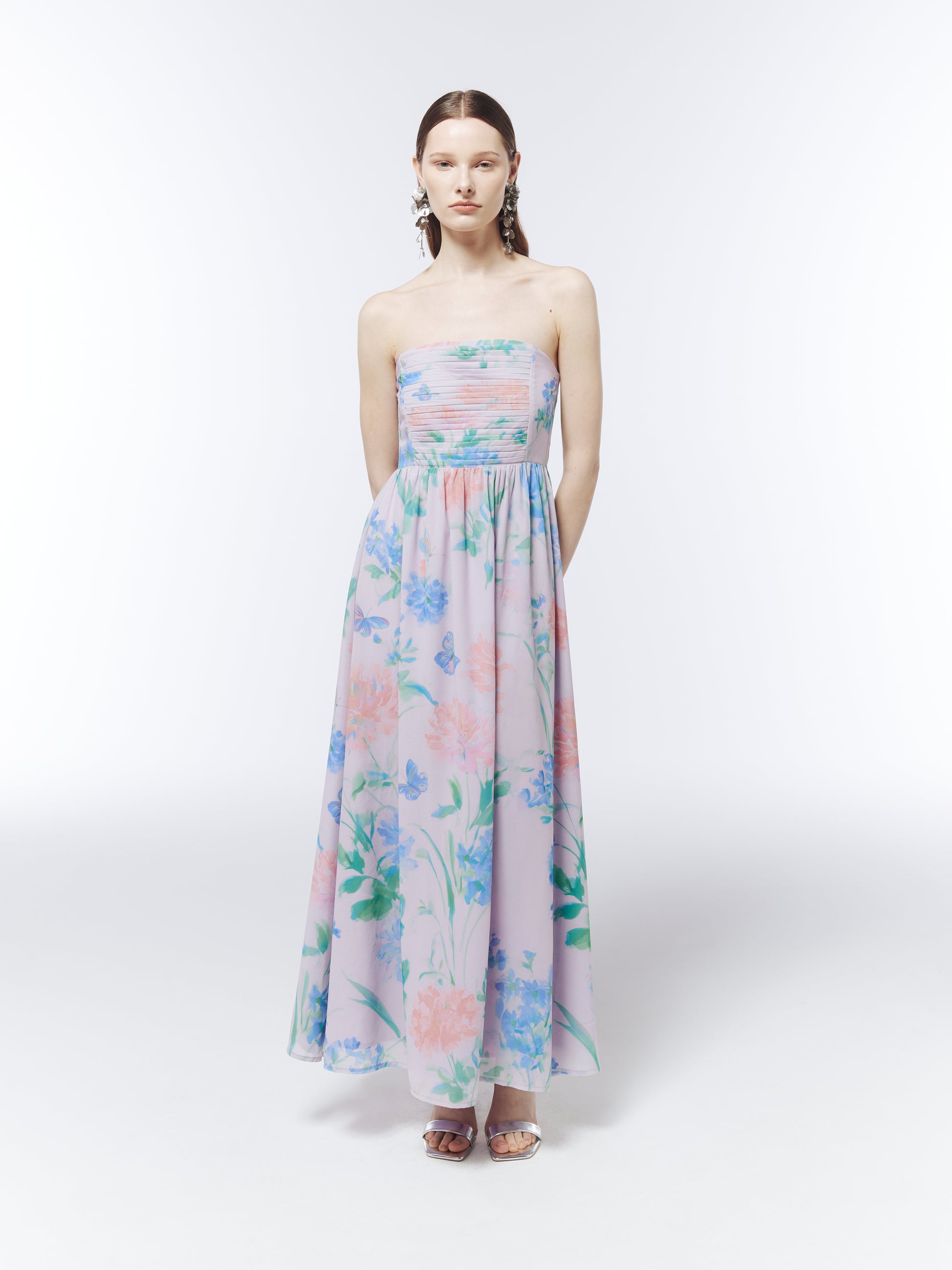 Floral strapless maxi dress in soft lilac featuring watercolour wildflowers and butterflies by SOUR FIGS.