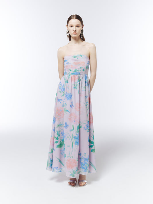 Floral strapless maxi dress in soft lilac featuring watercolour wildflowers and butterflies by SOUR FIGS.