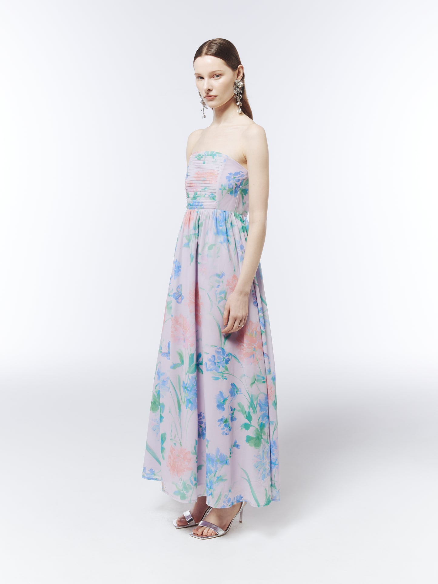 Romantic pastel floral maxi dress with gathered waist and flowing skirt by SOUR FIGS.