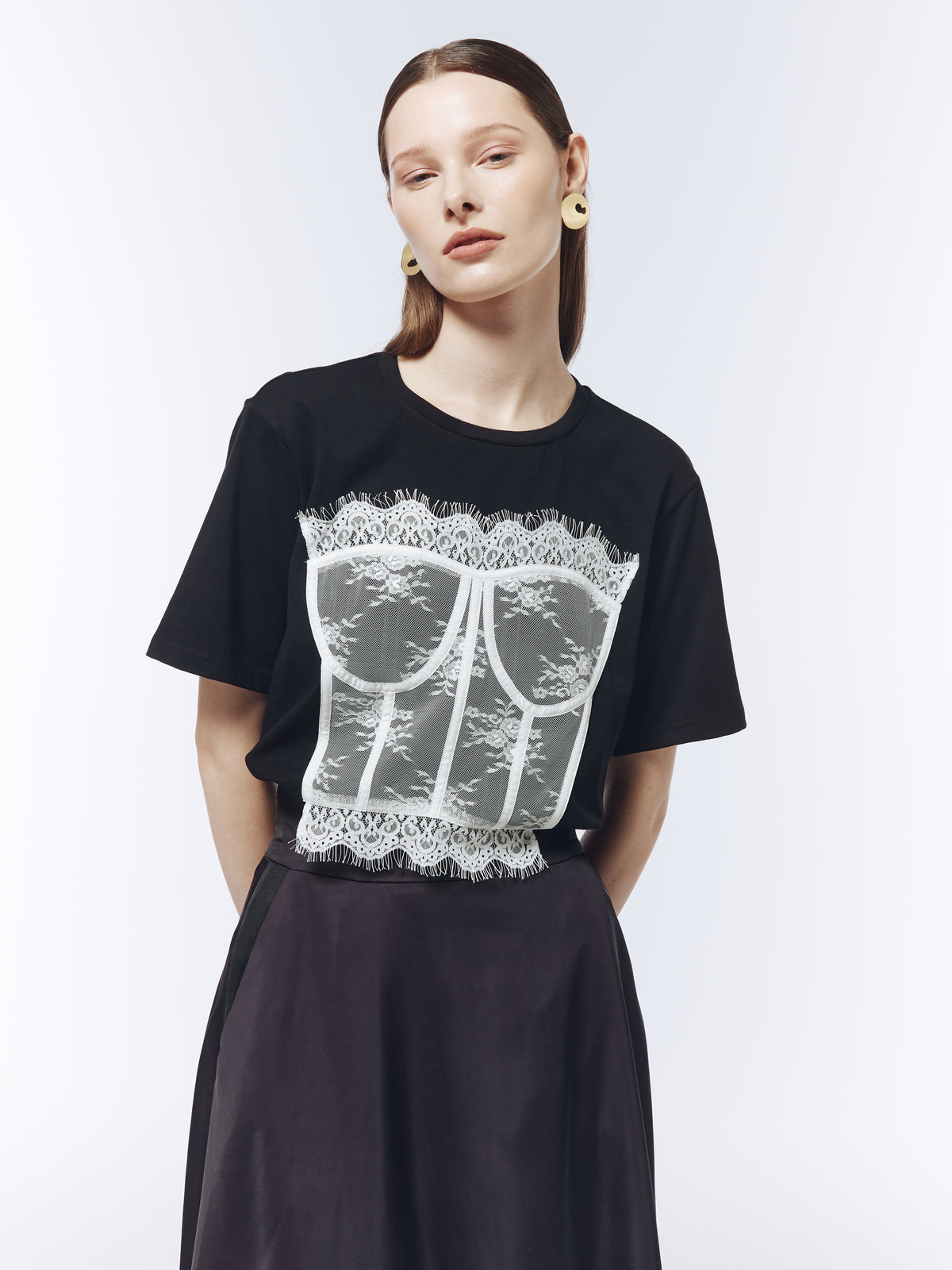SOUR FIGS statement black T-shirt with sheer white bustier appliqué for elevated everyday styling