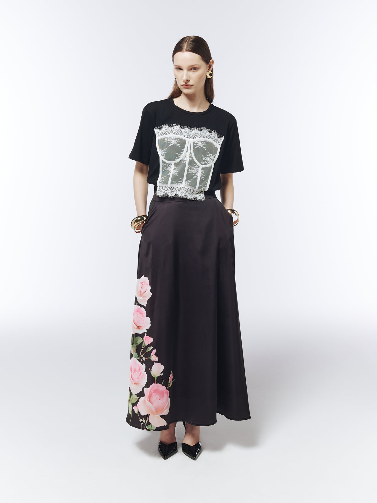 SOUR FIGS White Lace Corset Illusion T-Shirt in Black styled with a floral maxi skirt