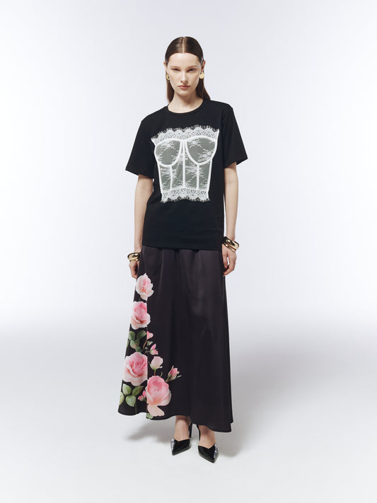 SOUR FIGS black crew neck T-shirt with white lace corset illusion and eyelash trim