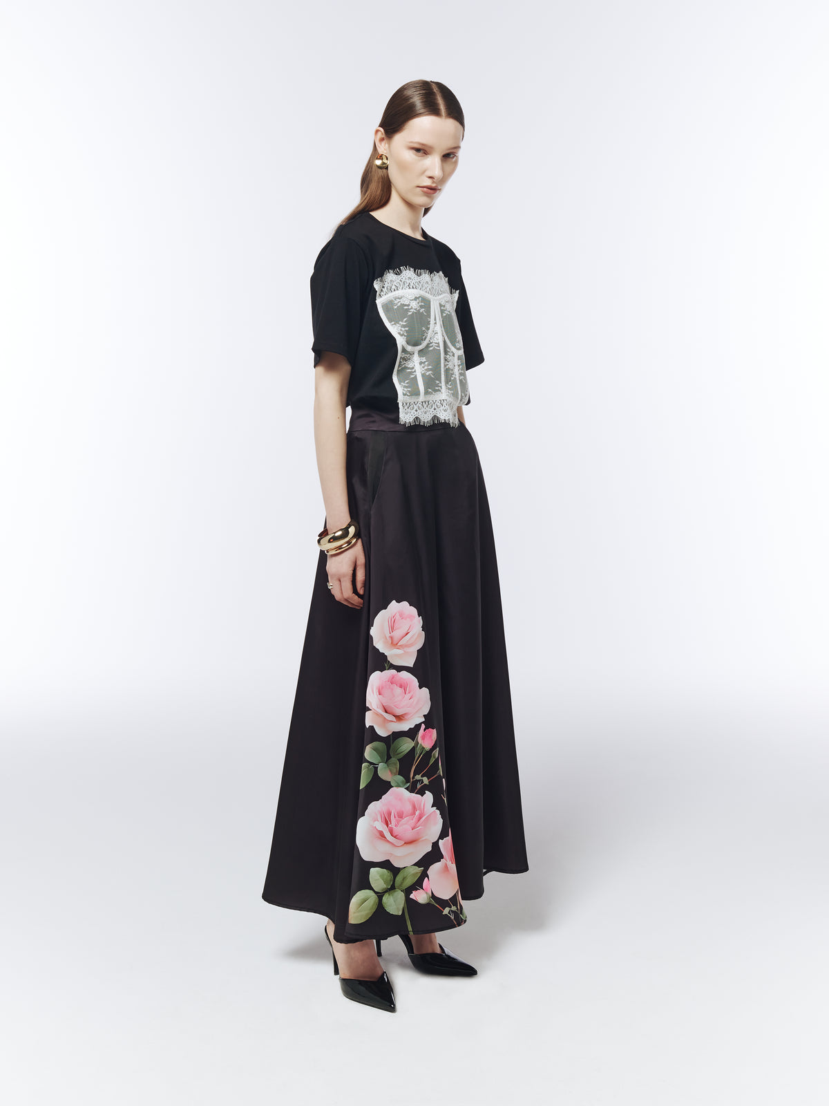 SOUR FIGS monochrome black T-shirt with white lingerie-inspired lace corset detailing
