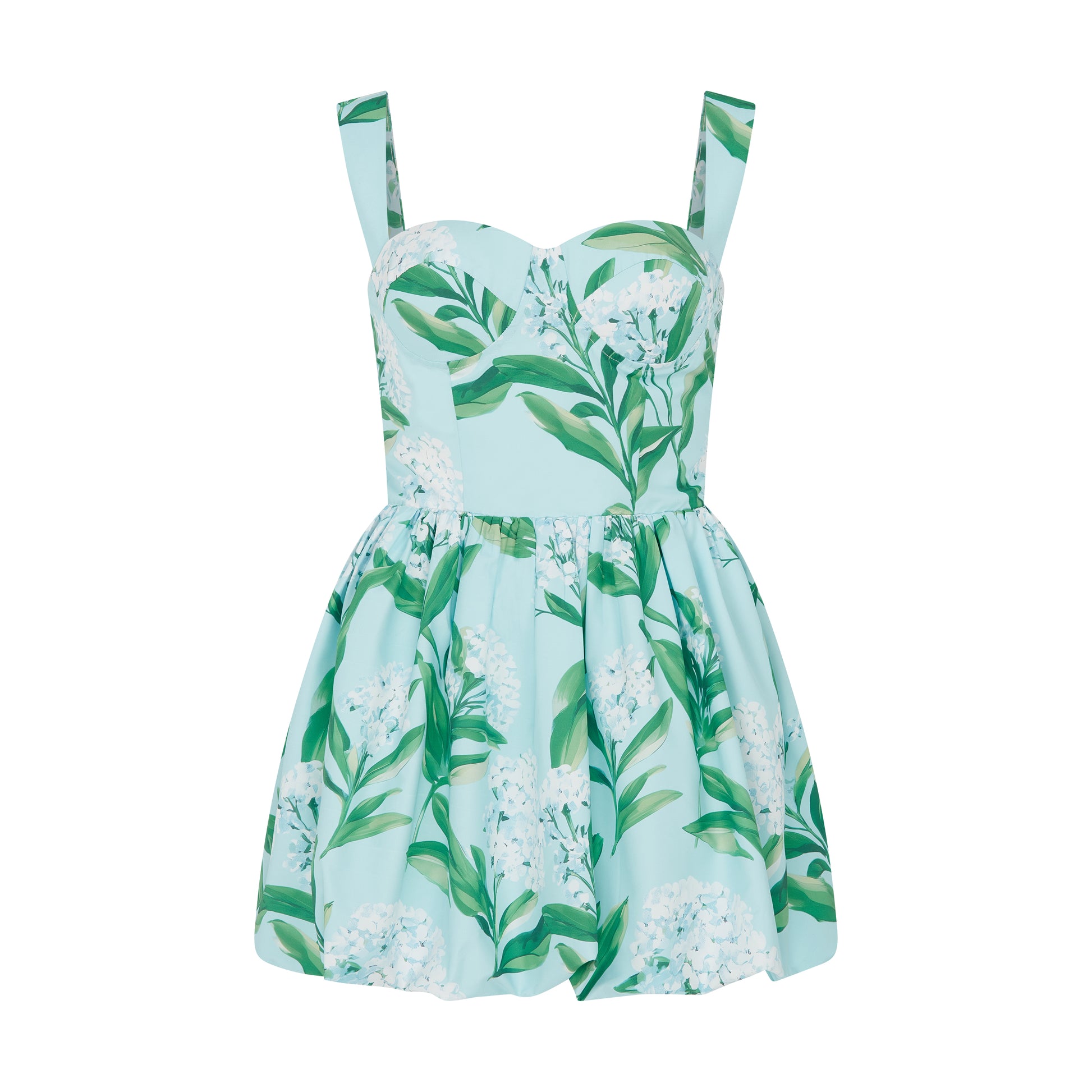 SOUR FIGS garden party mini dress with wide straps, bustier bodice and floral printed skirt.