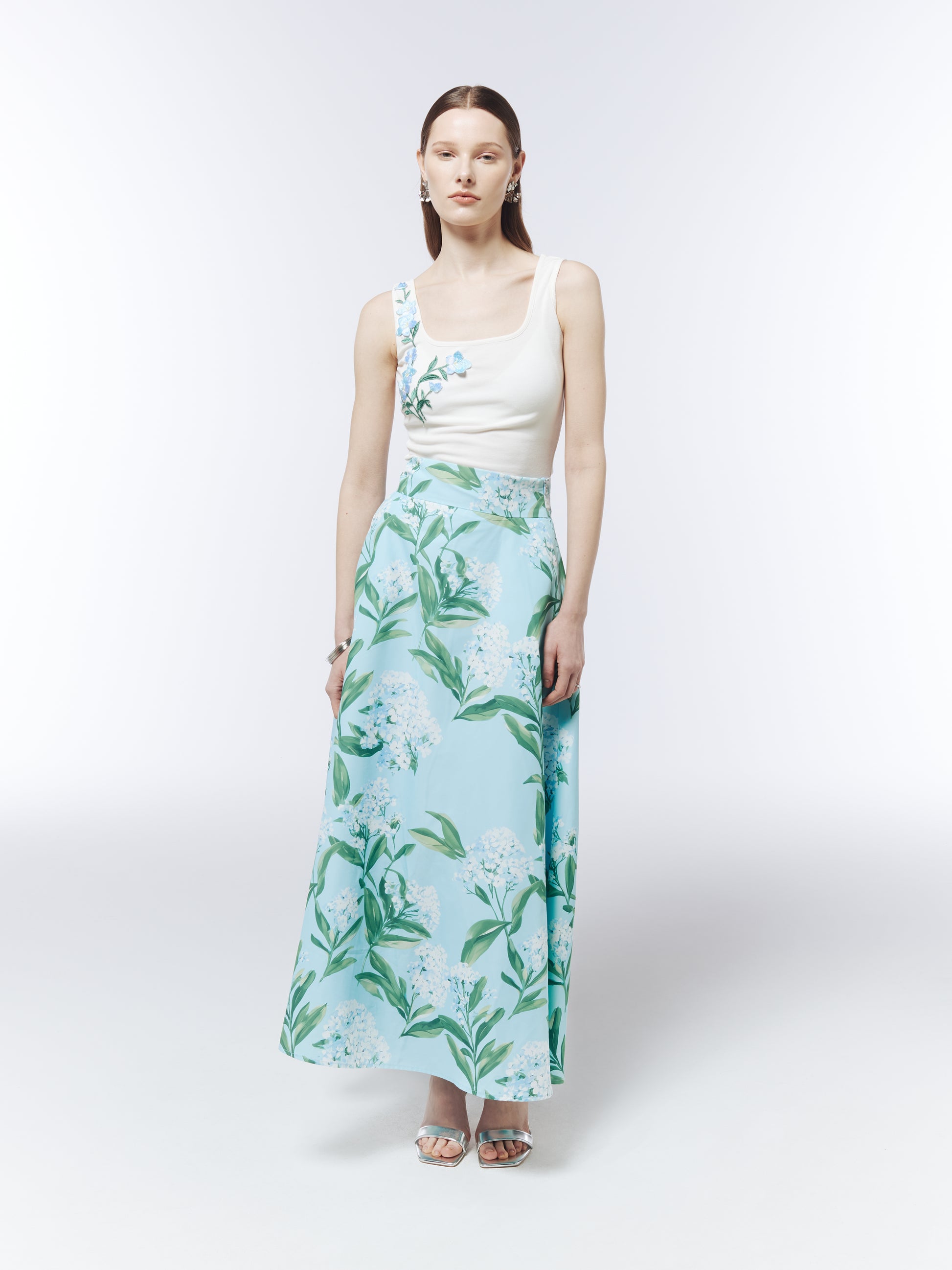 SOUR FIGS White Lilac Blossom Skirt in Sky Mist Blue with softly flared A-line silhouette.