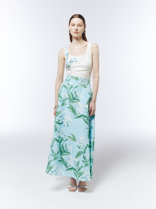 SOUR FIGS White Lilac Blossom Skirt in Sky Mist Blue with softly flared A-line silhouette.