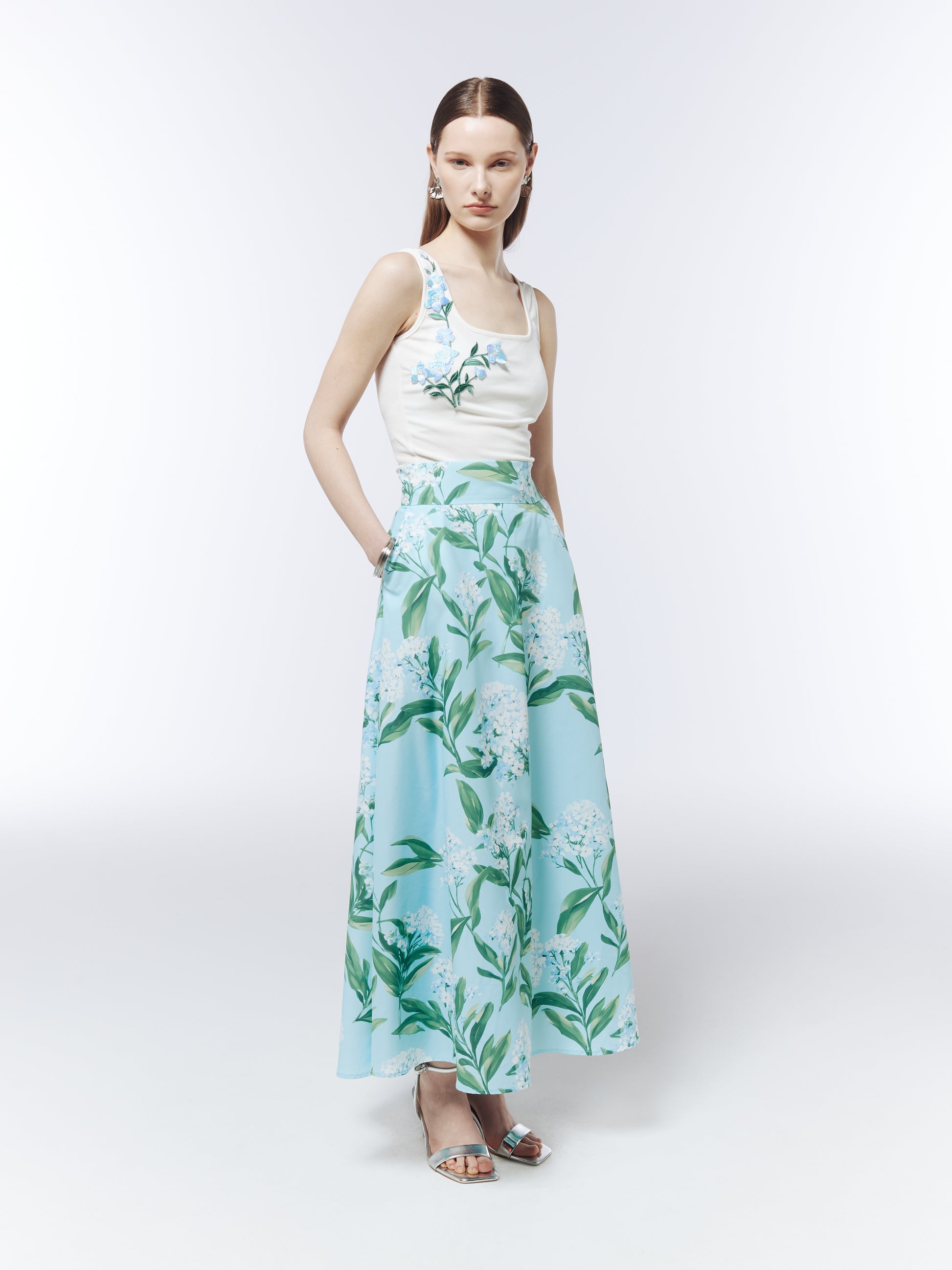 SOUR FIGS printed floral skirt in pale blue with white lilac blossom motif.