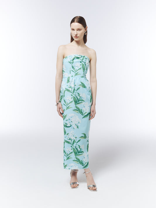 SOUR FIGS White Lilac Blossom Strapless Dress in Sky Mist Blue with slim green leaves and fitted bodice.