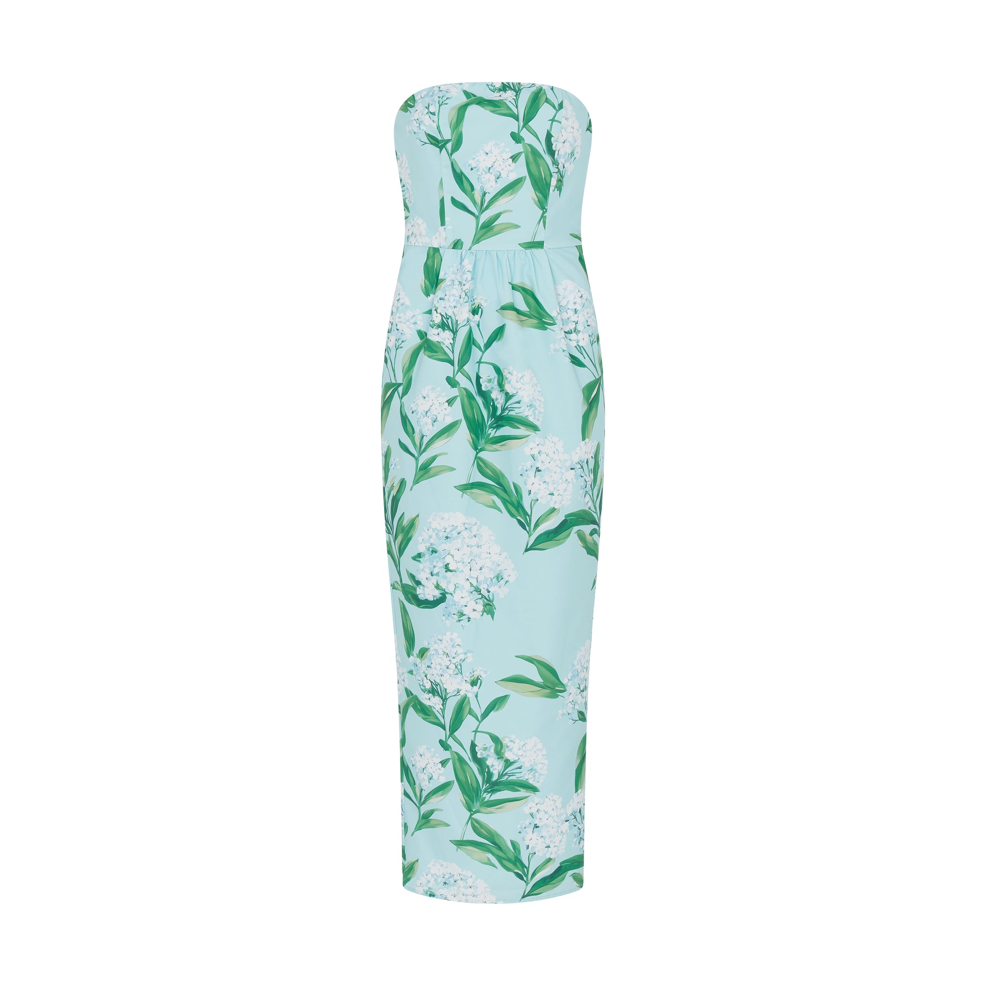 SOUR FIGS garden party dress in Sky Mist Blue with white lilac print, fitted bodice and straight midi skirt.