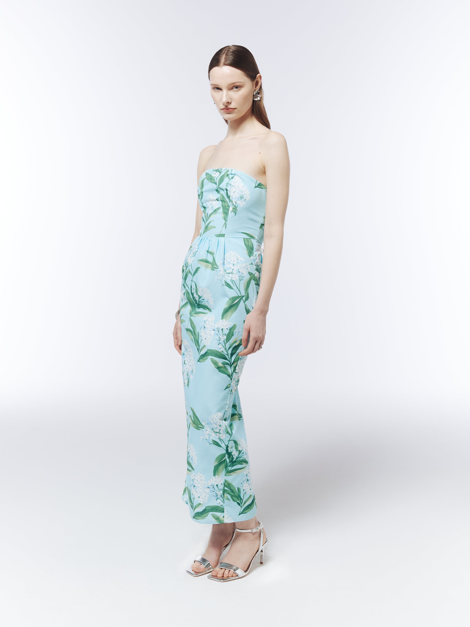SOUR FIGS strapless occasion dress with white lilac blossoms, pale blue base and midi length.