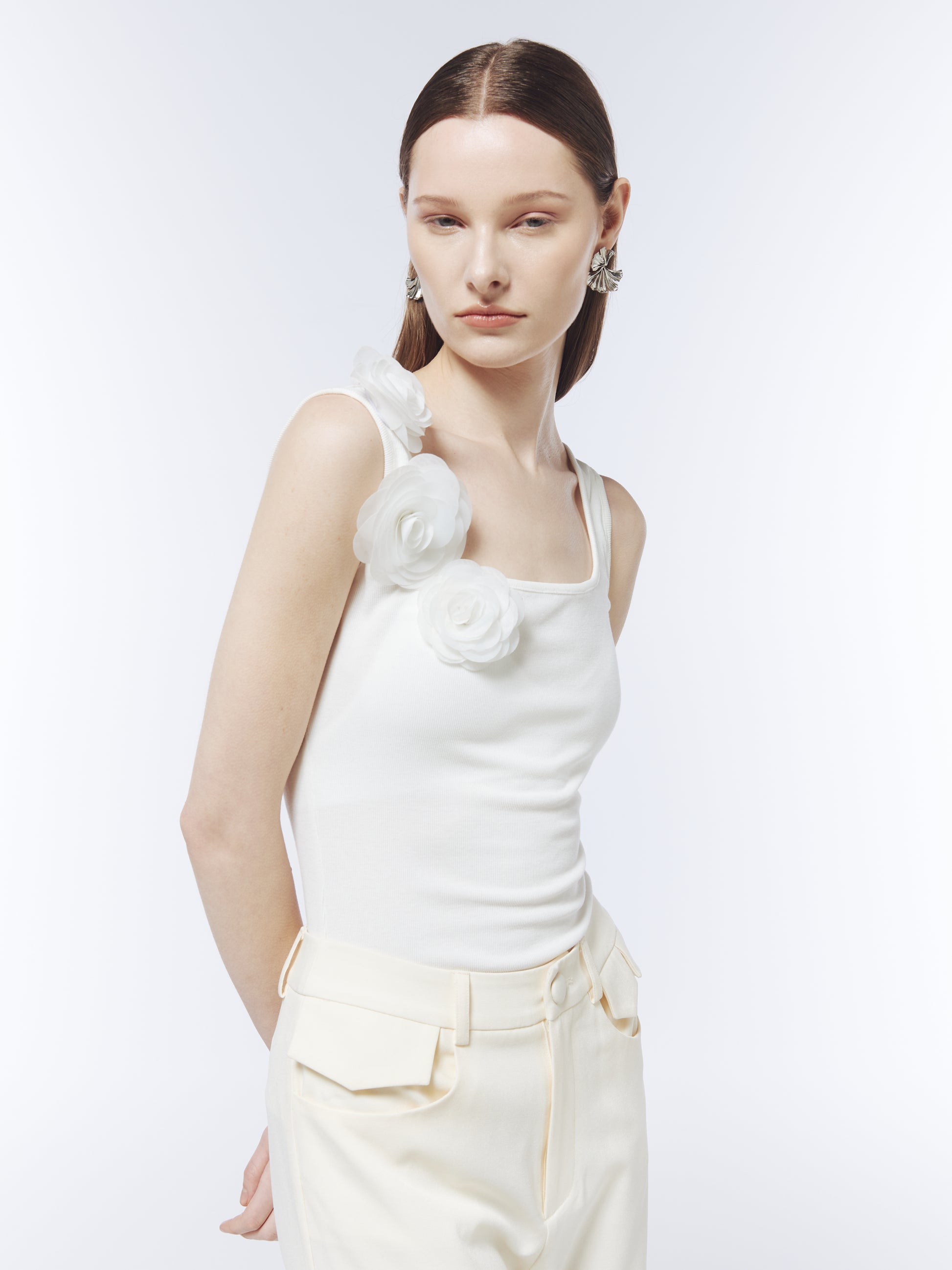 SOUR FIGS White Rose-Appliqué Square-Neck Tank Top in Ivory White with sculptural floral details.