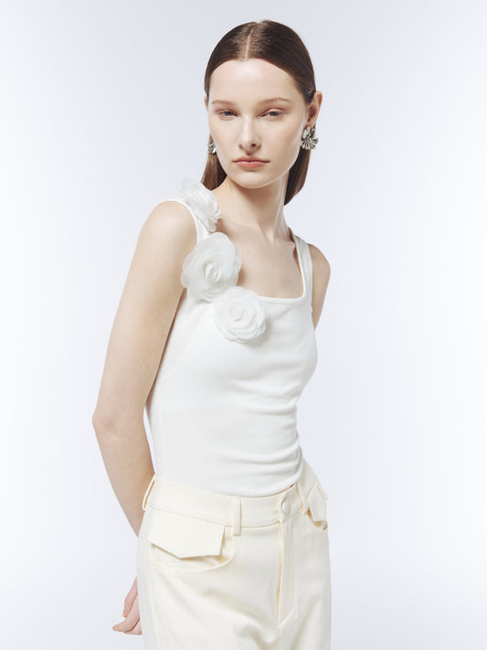 SOUR FIGS White Rose-Appliqué Square-Neck Tank Top in Ivory White with sculptural floral details.