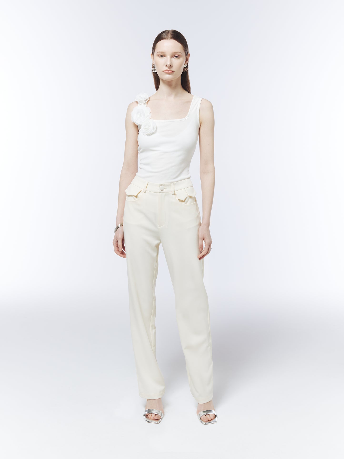 SOUR FIGS Ivory White square-neck tank top with three dimensional rose appliqué.