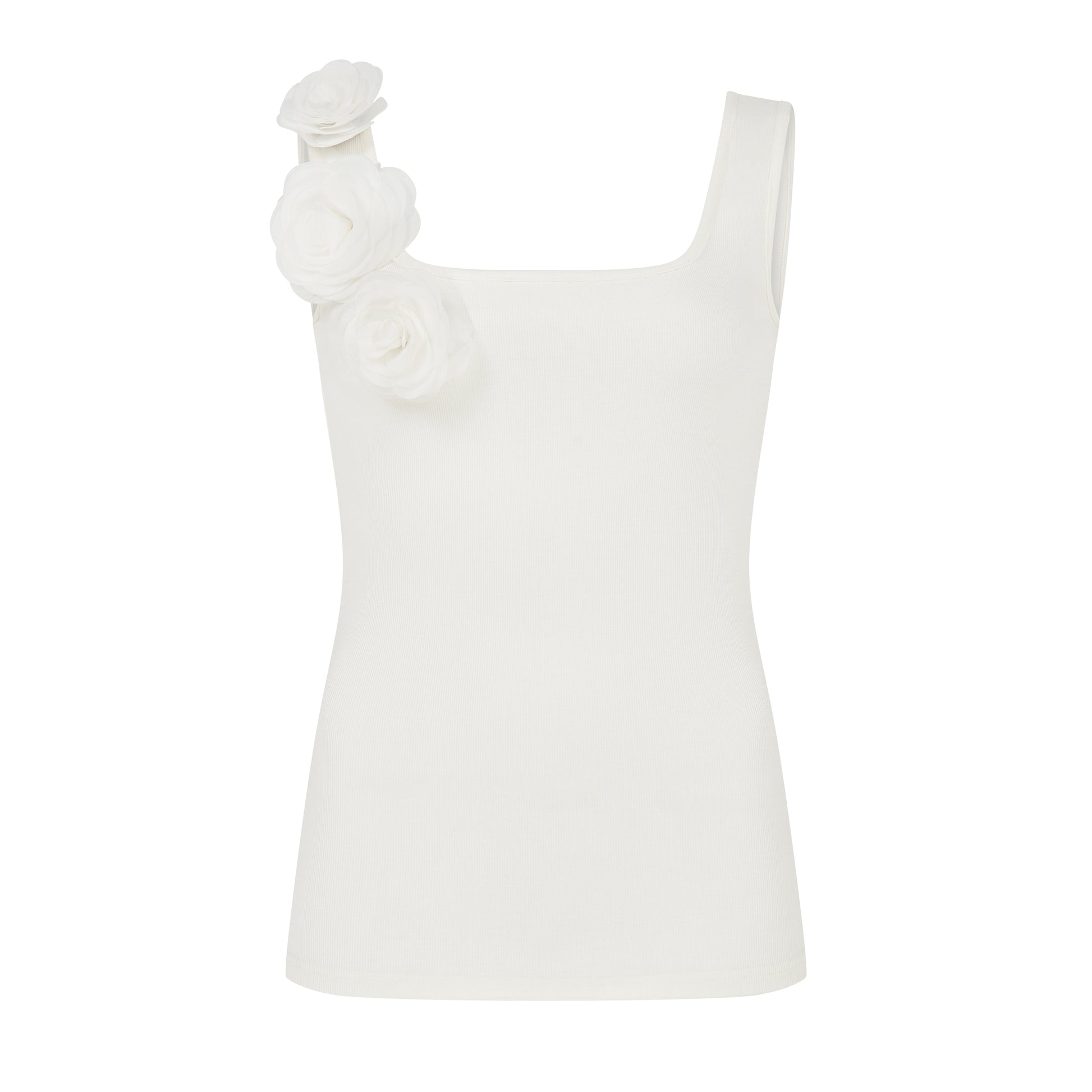 SOUR FIGS romantic ribbed tank top with wide straps and white rose embellishment.