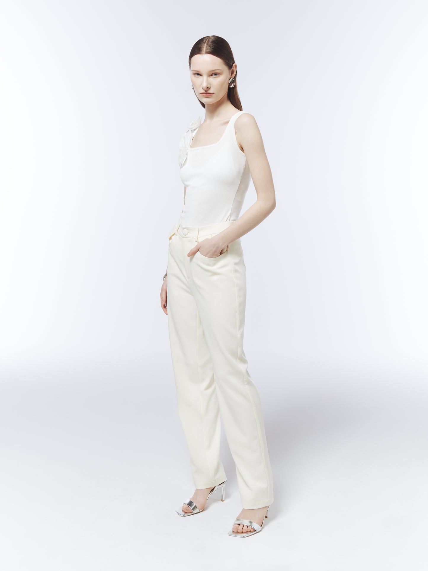 SOUR FIGS fitted ribbed tank top featuring white rose appliqués along one shoulder.
