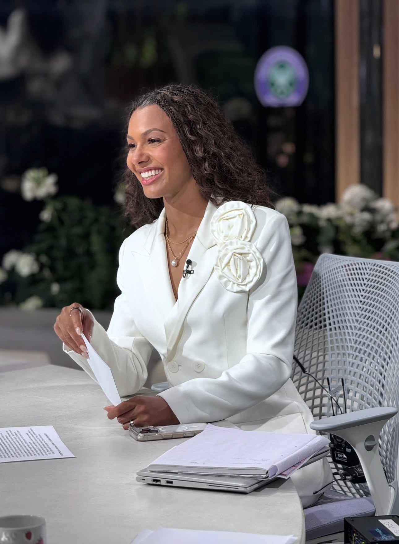 Malika Andrews wearing the SOUR FIGS Rose-Detail Double-Breasted Blazer in White for Wimbledon 2026