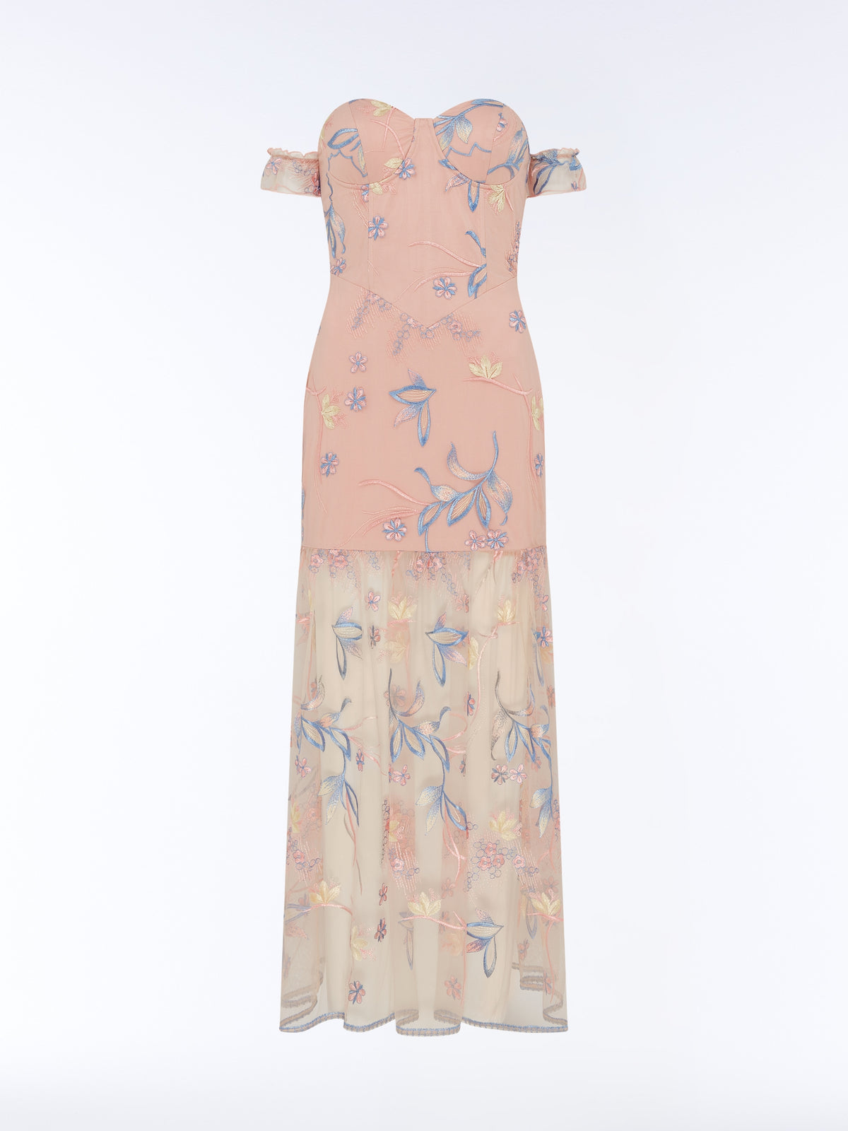 A strapless off-the-shoulder maxi dress with a sweetheart neckline, featuring a structured dusty pink upper bodice and a sheer cream lower skirt with blue and yellow gold floral embroidery, shown against a plain white background.