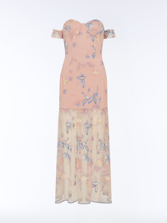 A strapless off-the-shoulder maxi dress with a sweetheart neckline, featuring a structured dusty pink upper bodice and a sheer cream lower skirt with blue and yellow gold floral embroidery, shown against a plain white background.