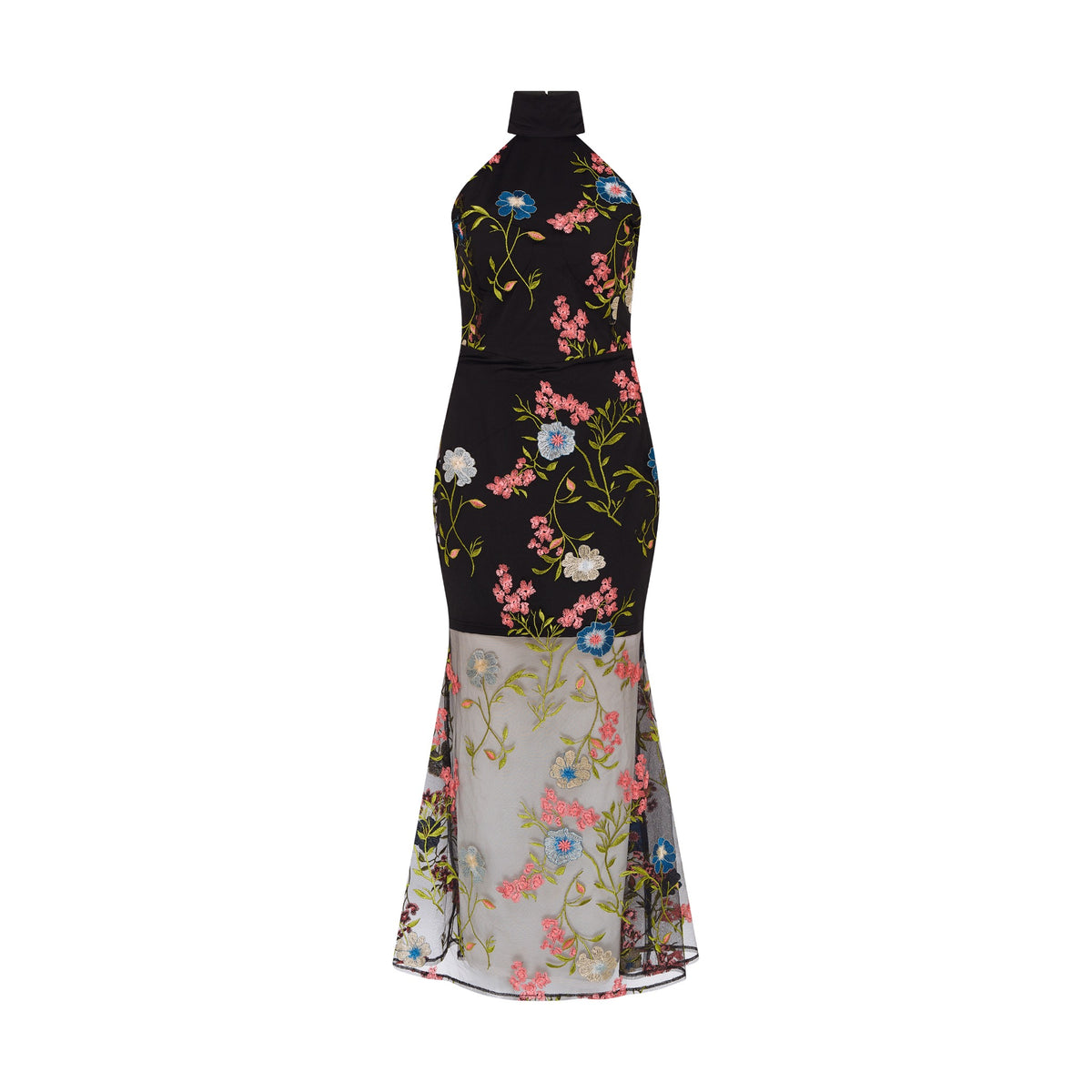 SOUR FIGS floral-embroidered halterneck maxi dress in black, front product view with colourful flowers and a sheer flared hem.