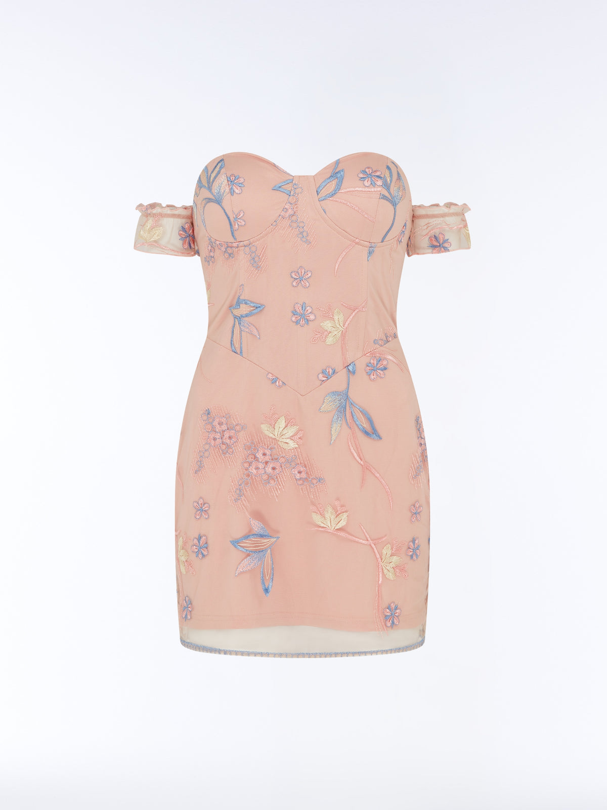 A light pink off-the-shoulder mini dress with a sweetheart neckline, featuring delicate blue and yellow floral embroidery, shown against a plain white background.