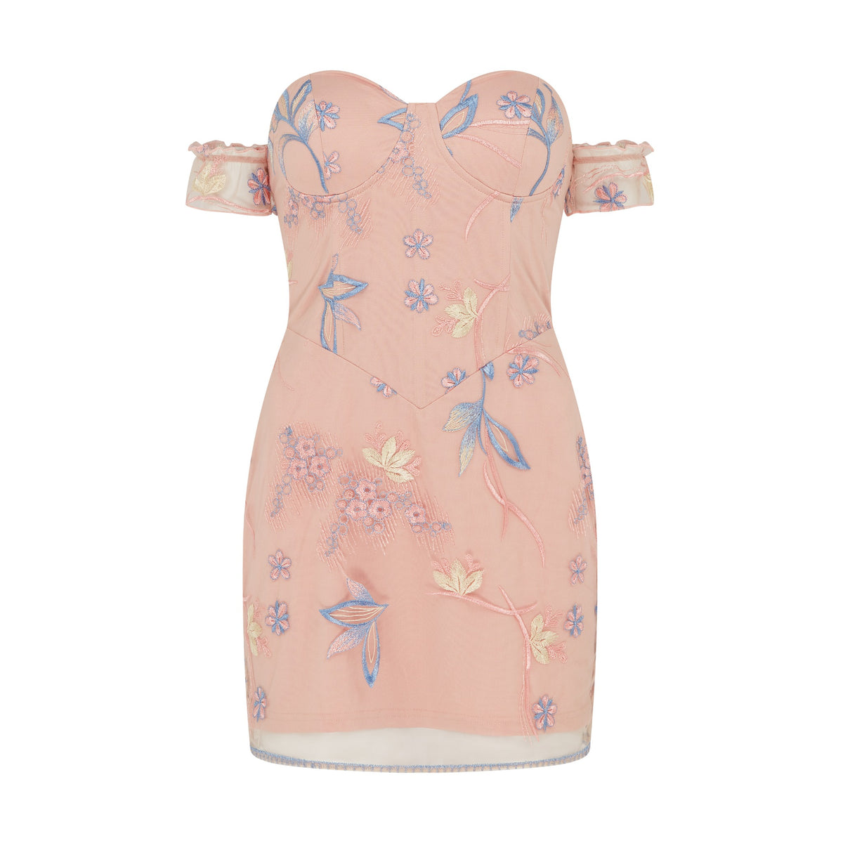 Front view of SOUR FIGS blush pink floral-embroidered off-shoulder mini dress with sweetheart bustier bodice and sheer ruffle sleeves