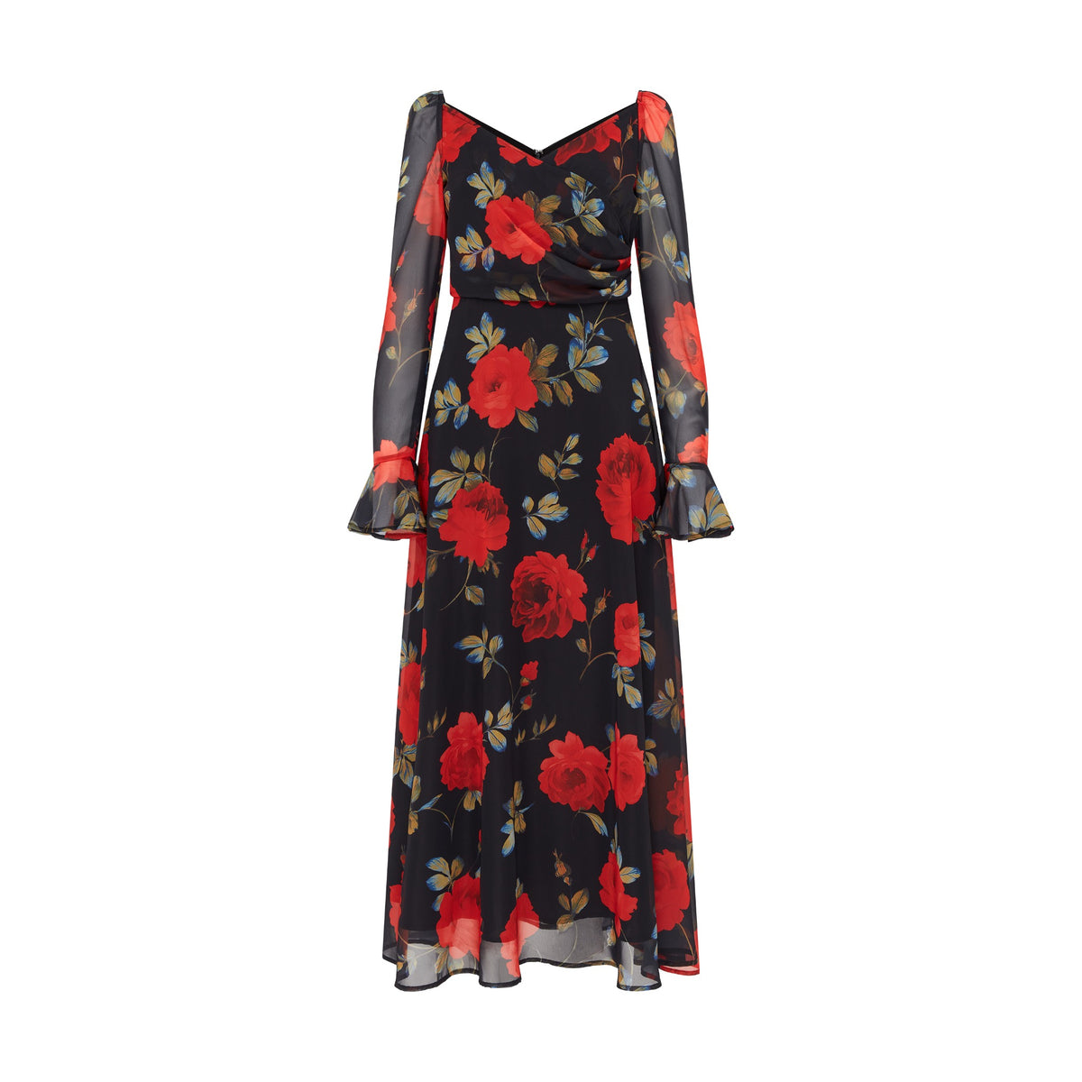 Front product view of the SOUR FIGS Floral Long-Sleeve Maxi Dress in Midnight Rose Black, with red roses, a ruched V-neck bodice and sheer sleeves with flared cuffs.