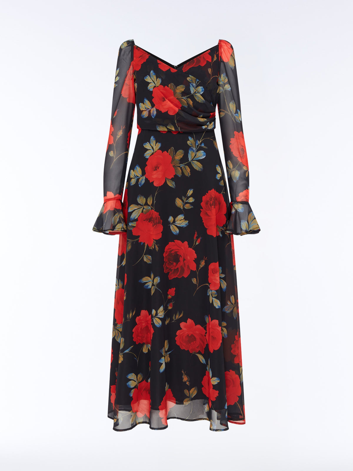 Portrait front product view of the SOUR FIGS Floral Long-Sleeve Maxi Dress in Midnight Rose Black, with red roses, a ruched V-neck bodice and sheer sleeves with flared cuffs.