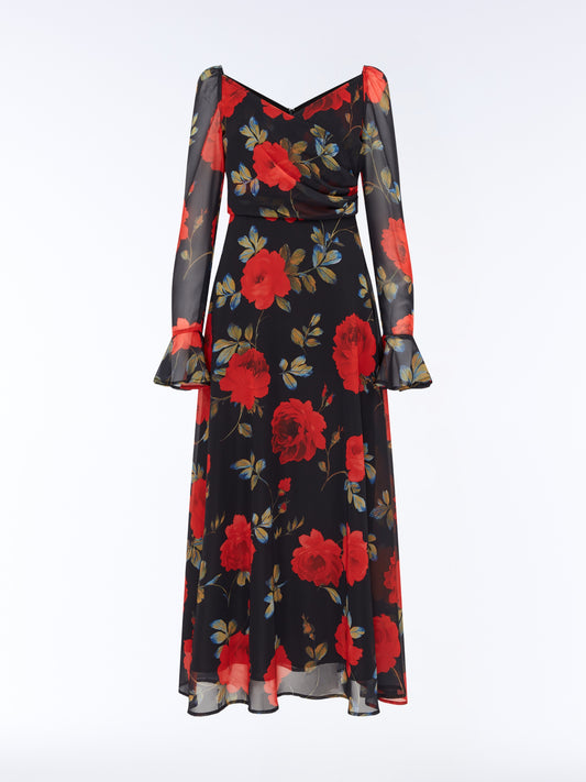 Portrait front product view of the SOUR FIGS Floral Long-Sleeve Maxi Dress in Midnight Rose Black, with red roses, a ruched V-neck bodice and sheer sleeves with flared cuffs.