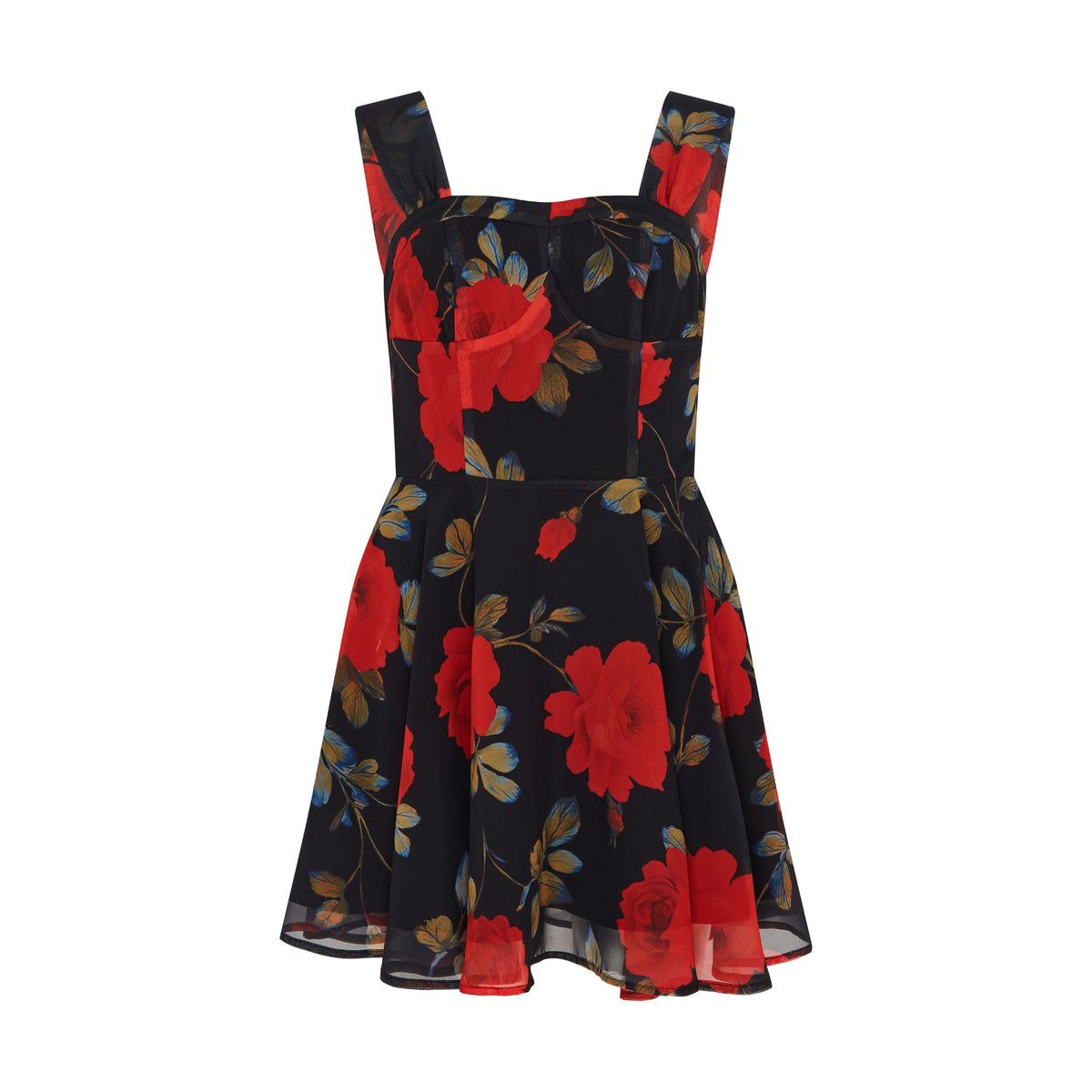 Front product view of the SOUR FIGS Floral Square-Neck Mini Dress in Midnight Rose Black, with red roses, wide straps and a flared skirt.