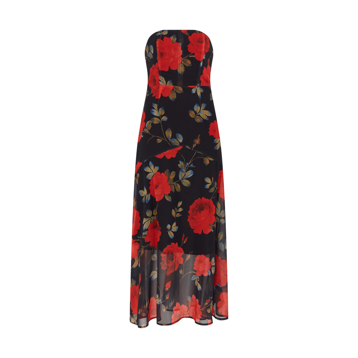 Front product view of the SOUR FIGS Floral Strapless Draped Maxi Dress in Midnight Rose Black, with red roses and a sheer lower skirt.