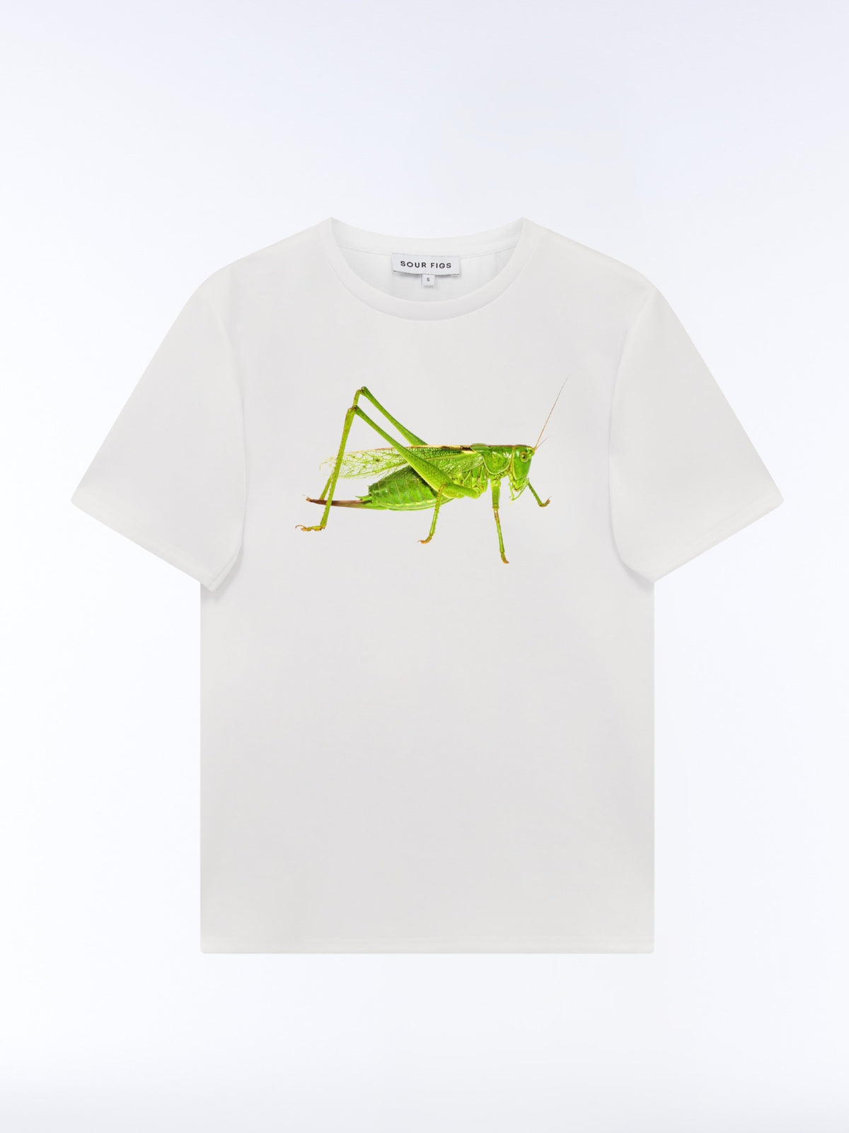 Front view of the SOUR FIGS Green Bush-Cricket Print Unisex T-Shirt in White, featuring a vivid green insect graphic, crew neckline and short sleeves.