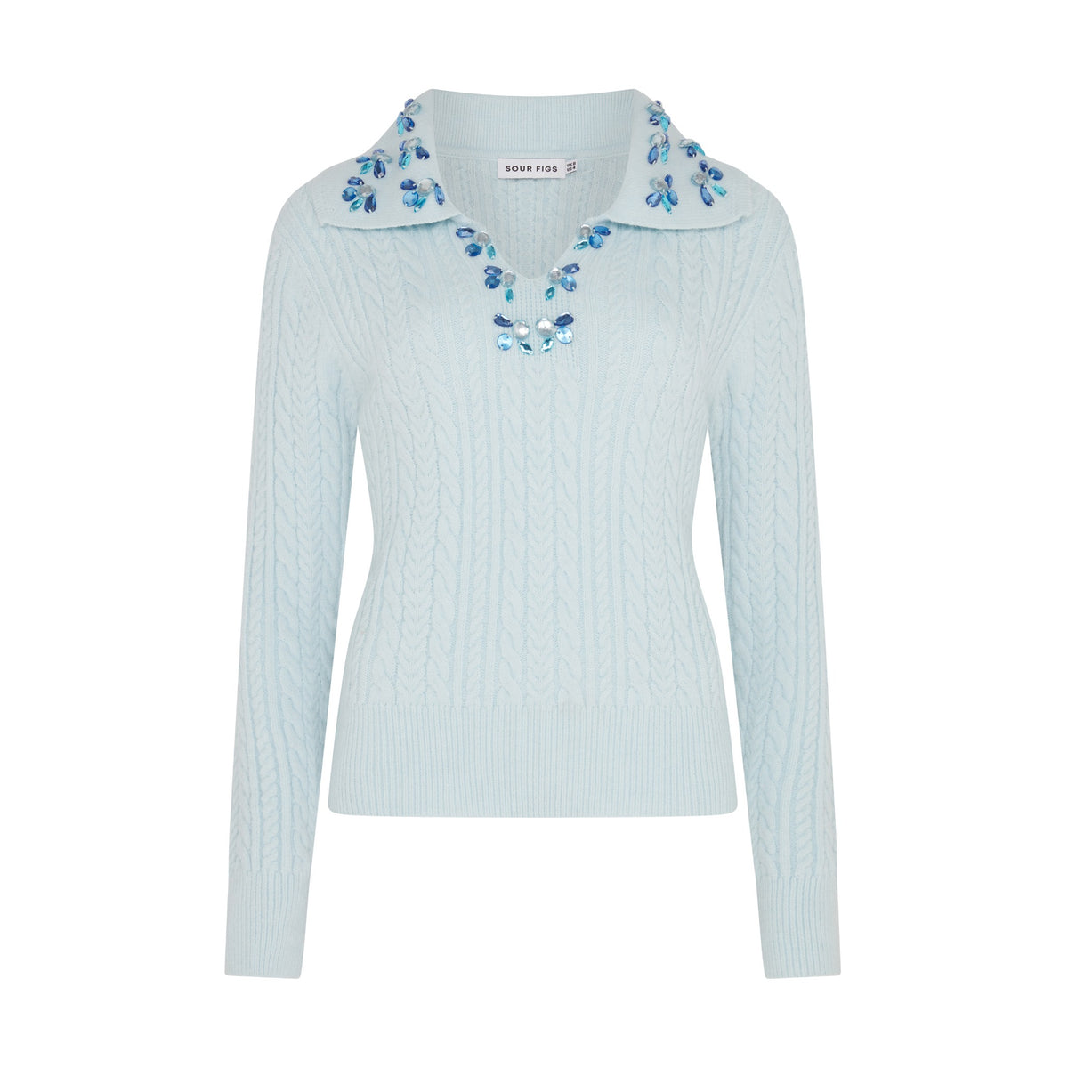 SOUR FIGS hand-embellished cable-knit polo jumper in ice blue, front product view with jewel collar, V neckline and long sleeves.