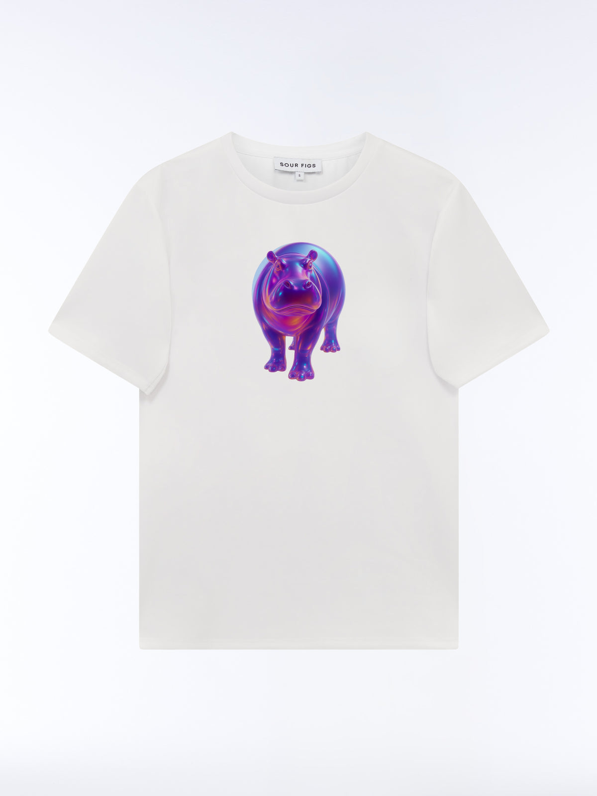 Front view of the SOUR FIGS Iridescent Hippo Print Unisex T-Shirt in White, with a purple, blue and pink hippopotamus graphic and crew neckline.