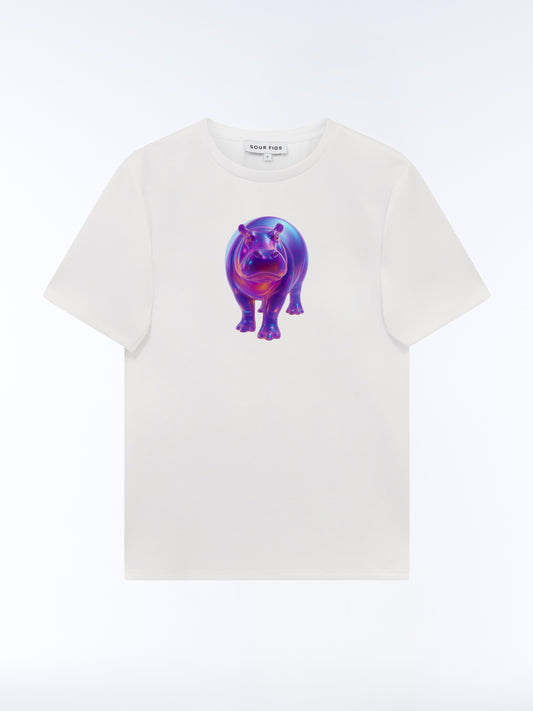 Front view of the SOUR FIGS Iridescent Hippo Print Unisex T-Shirt in White, with a purple, blue and pink hippopotamus graphic and crew neckline.