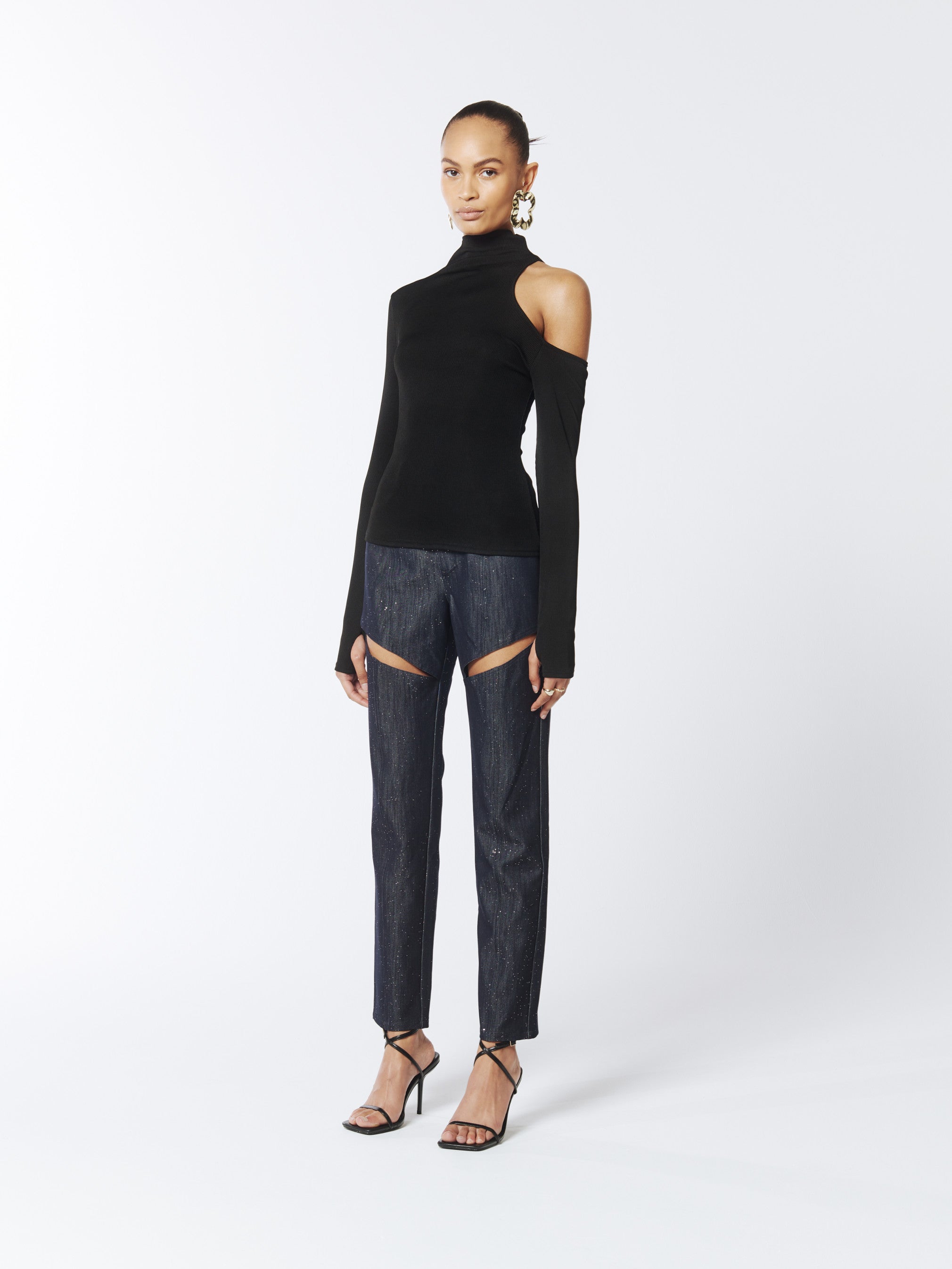 Asymmetric One Shoulder Cutout Turtleneck Knit Top in Black