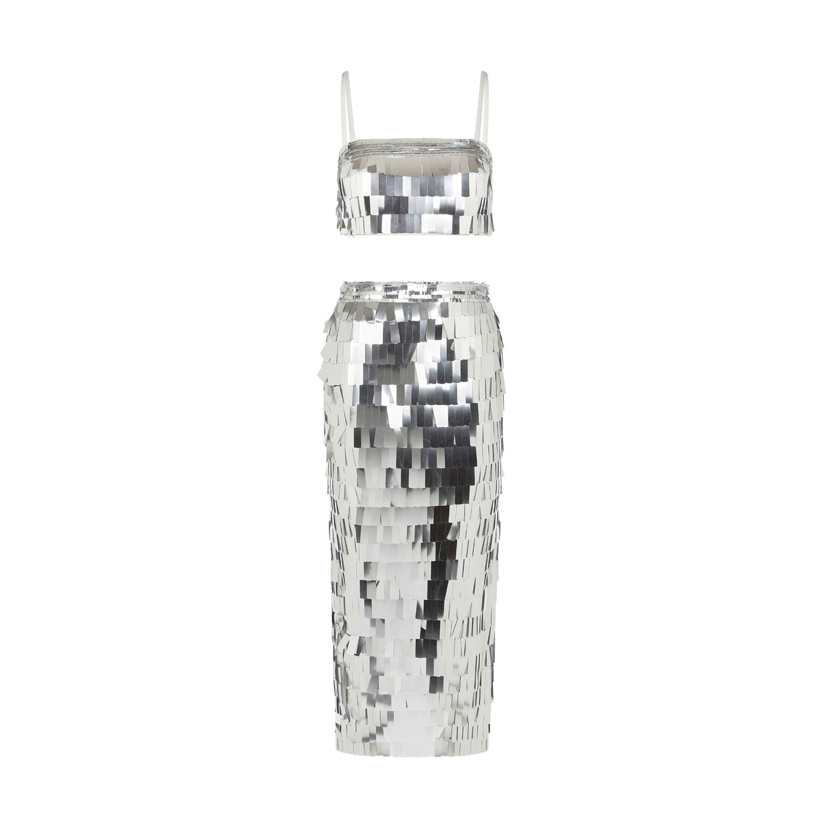 Front product view of the SOUR FIGS Sequin Crop Top and Midi Skirt Co-Ord Set in Silver, showing the matching top and skirt with rectangular sequins.